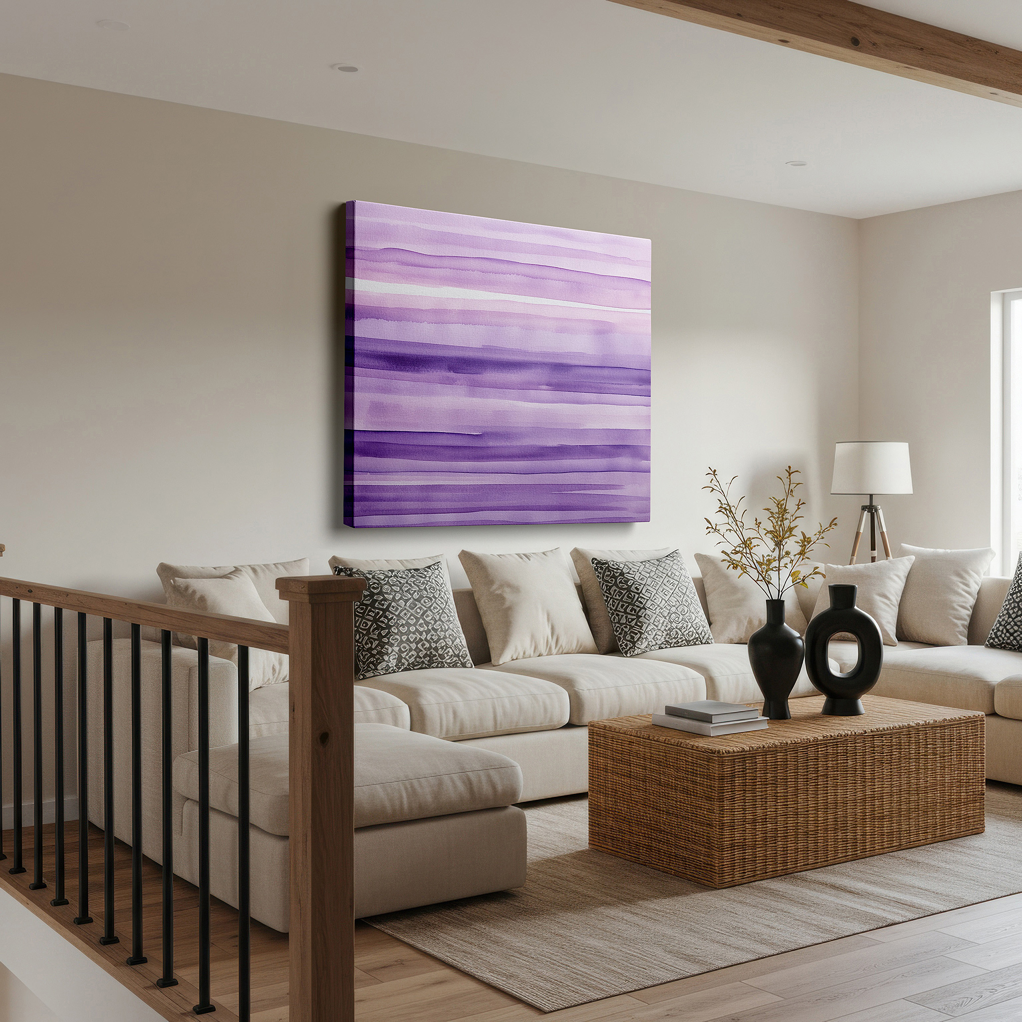 Displayed above a contemporary leather sofa in warm light — soft purple stripes: gateway to serenity - large canvas wall art for office, bedroom, and living room decor