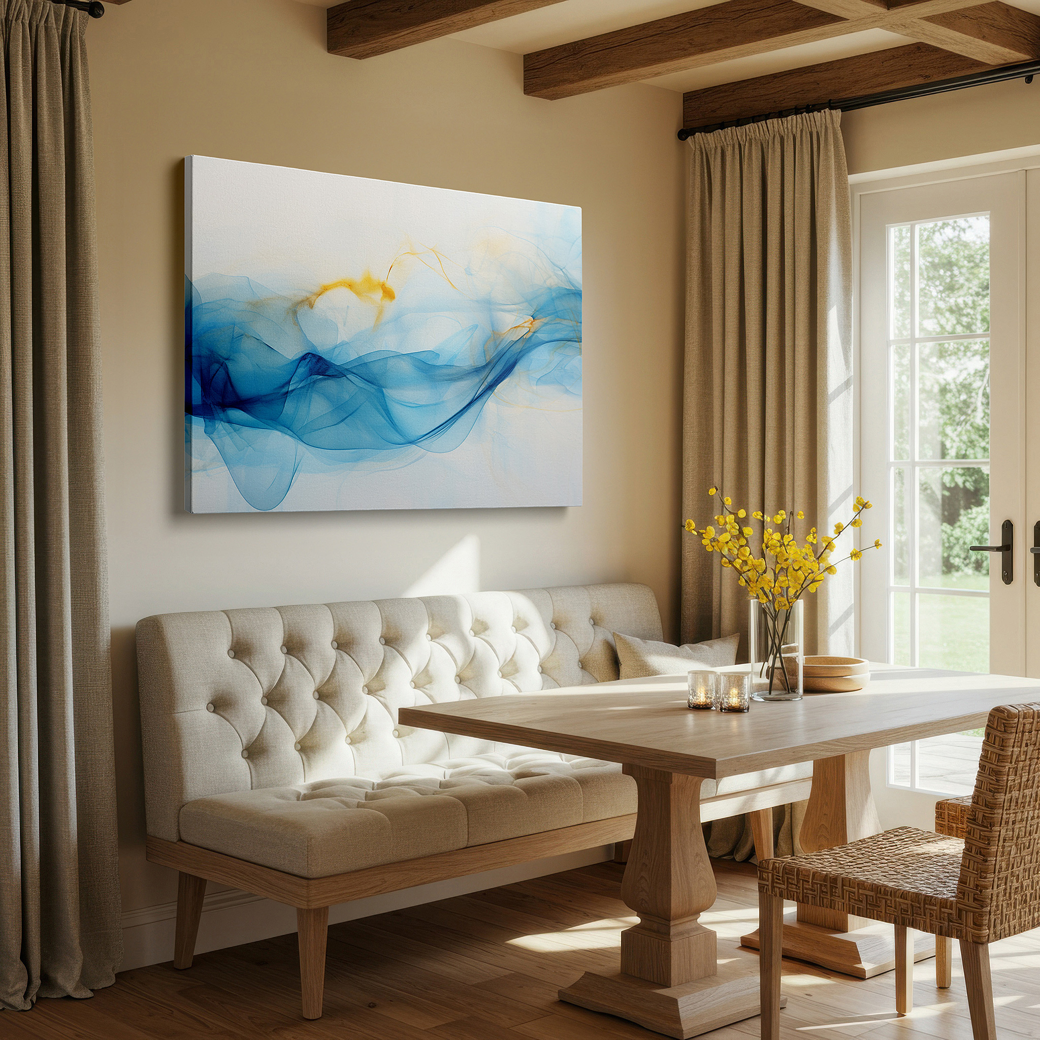 Displayed above a contemporary leather sofa in warm light — soothing blue and orange ethereal waves: tranquil and invigorating large wall art for office and bedroom decor, canvas wall art
