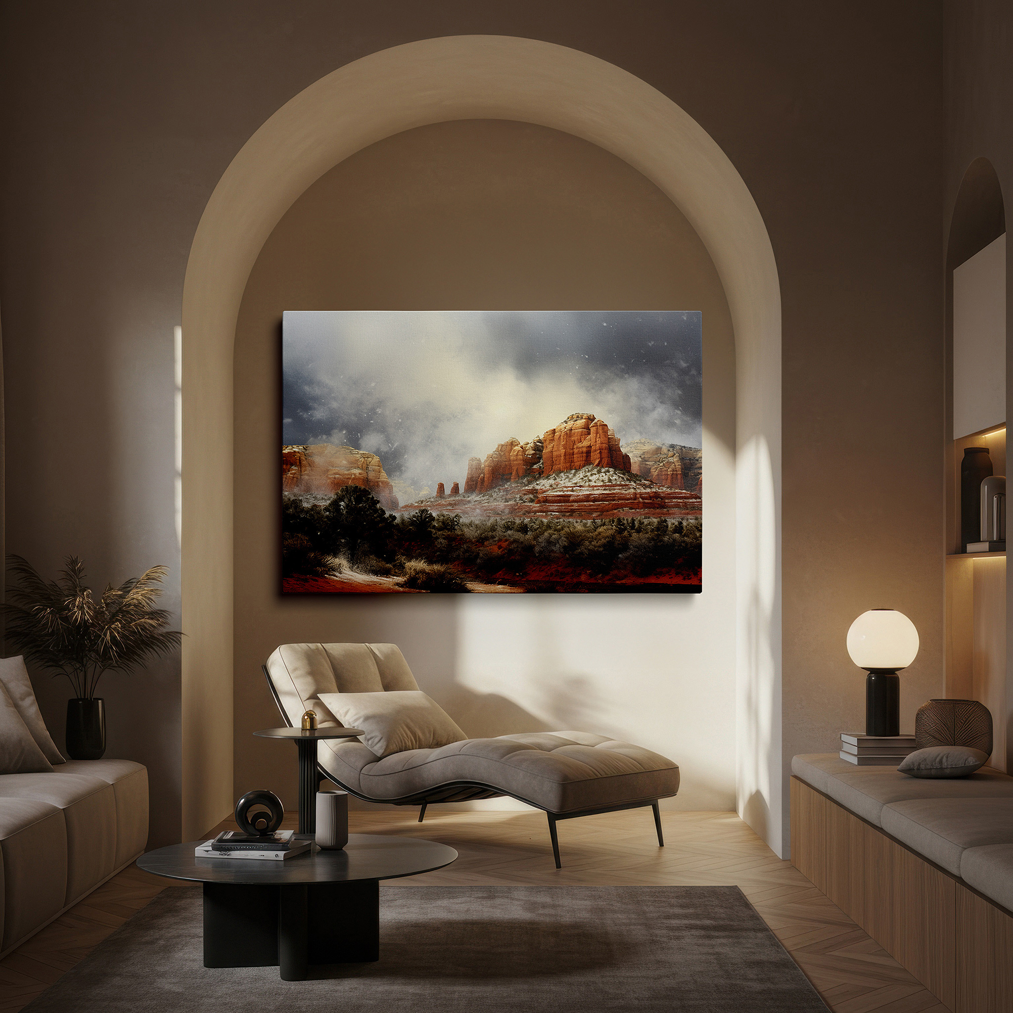 Displayed above a contemporary leather sofa in warm light — stormy landscape with snowfall over majestic red rock mountains - large canvas wall art for emotional and visual impact, ideal for home and office decor