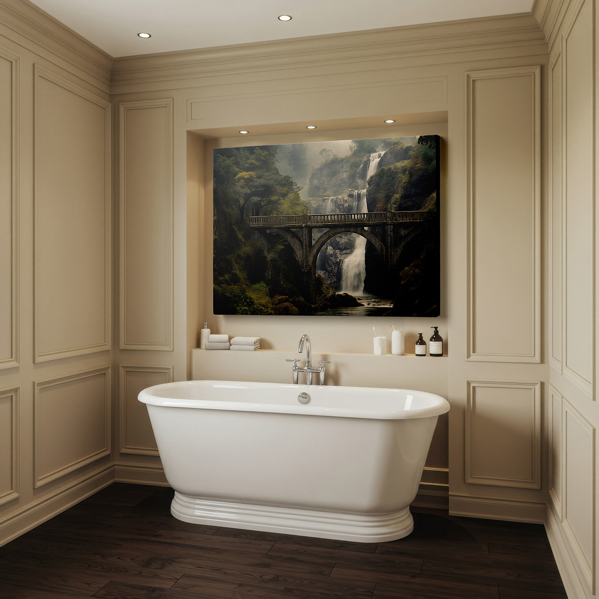Displayed above a contemporary leather sofa in warm light — stunning circular bridge and waterfall scene wall art: a fusion of architectural brilliance and natural beauty, large canvas wall decor