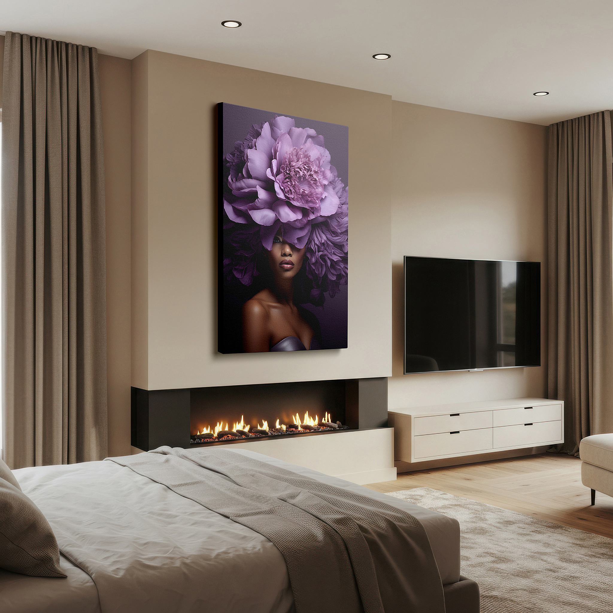 Displayed above a contemporary leather sofa in warm light — stunning large wall art featuring a woman with a vibrant purple oversized floral headpiece, canvas wall art, wall decor for office