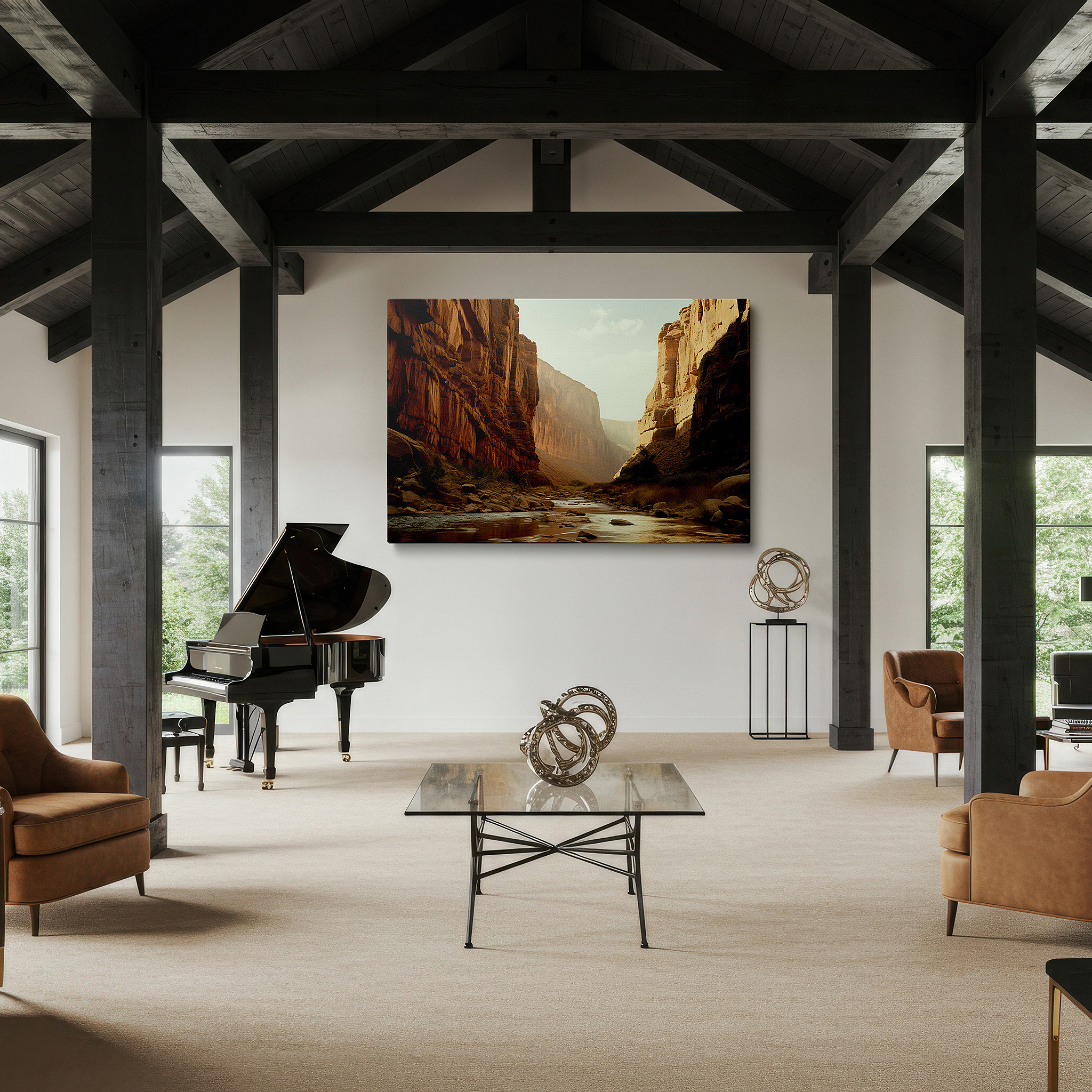 Displayed above a contemporary leather sofa in warm light — sunlit sandstone canyon with meandering river large canvas wall art for office and bedroom decor