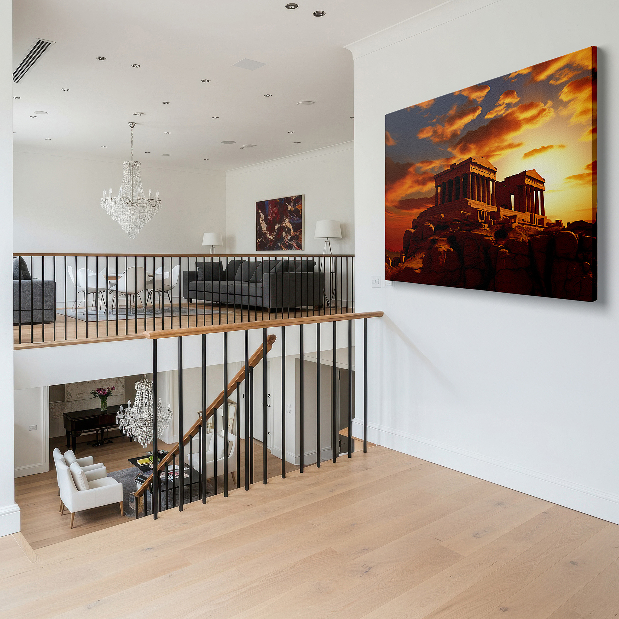Displayed above a contemporary leather sofa in warm light — sunset glow over ancient greek temple, timeless nature-inspired large wall art for office and bedroom decor