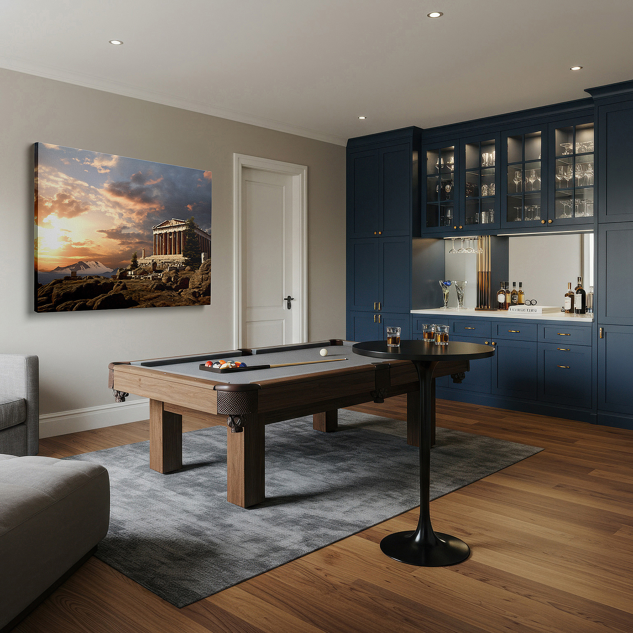 Displayed above a contemporary leather sofa in warm light — sunset at the majestic temple: a tribute to timeless elegance - large canvas wall art for office and bedroom decor