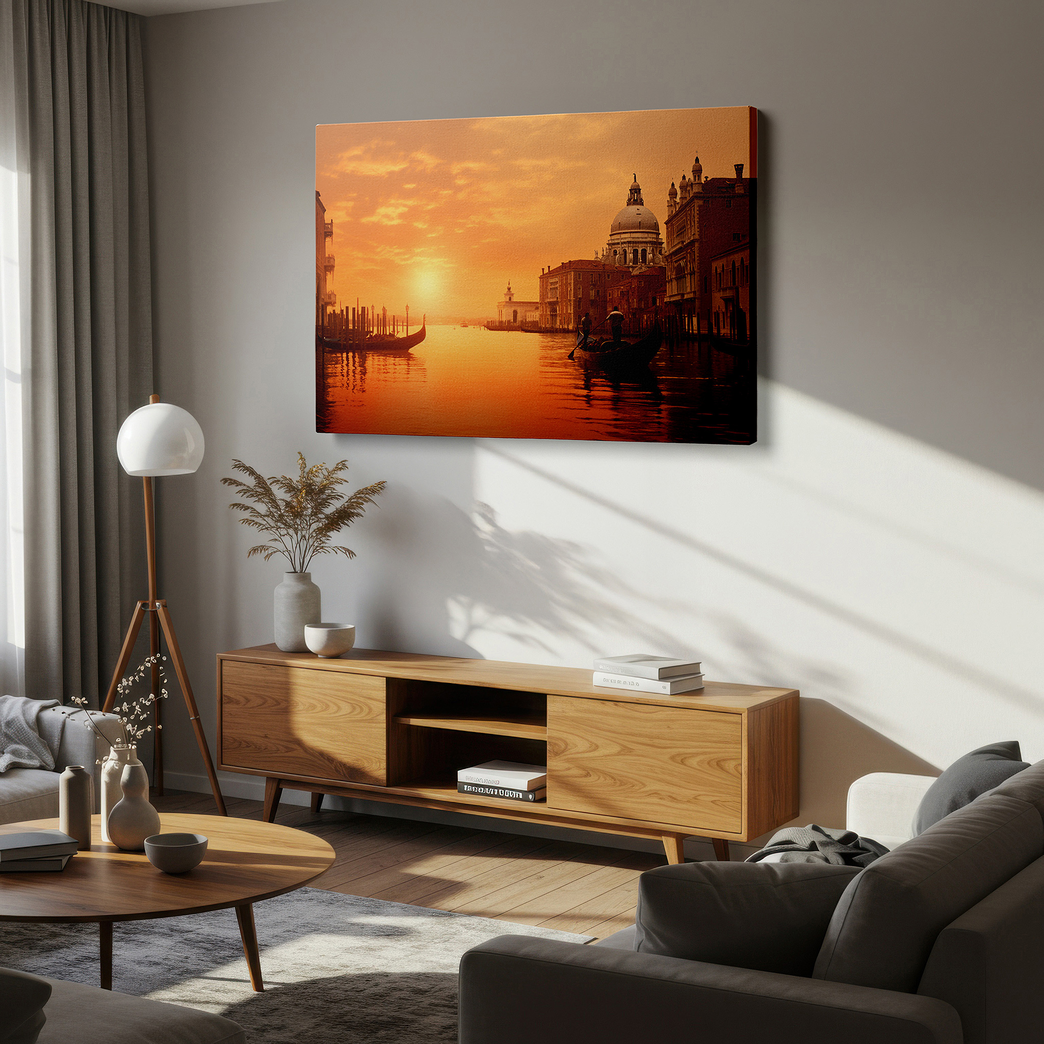 Displayed above a contemporary leather sofa in warm light — sunset over venice wall art: serene canalscape with gondolas and gothic architecture - large canvas art for home and office decor