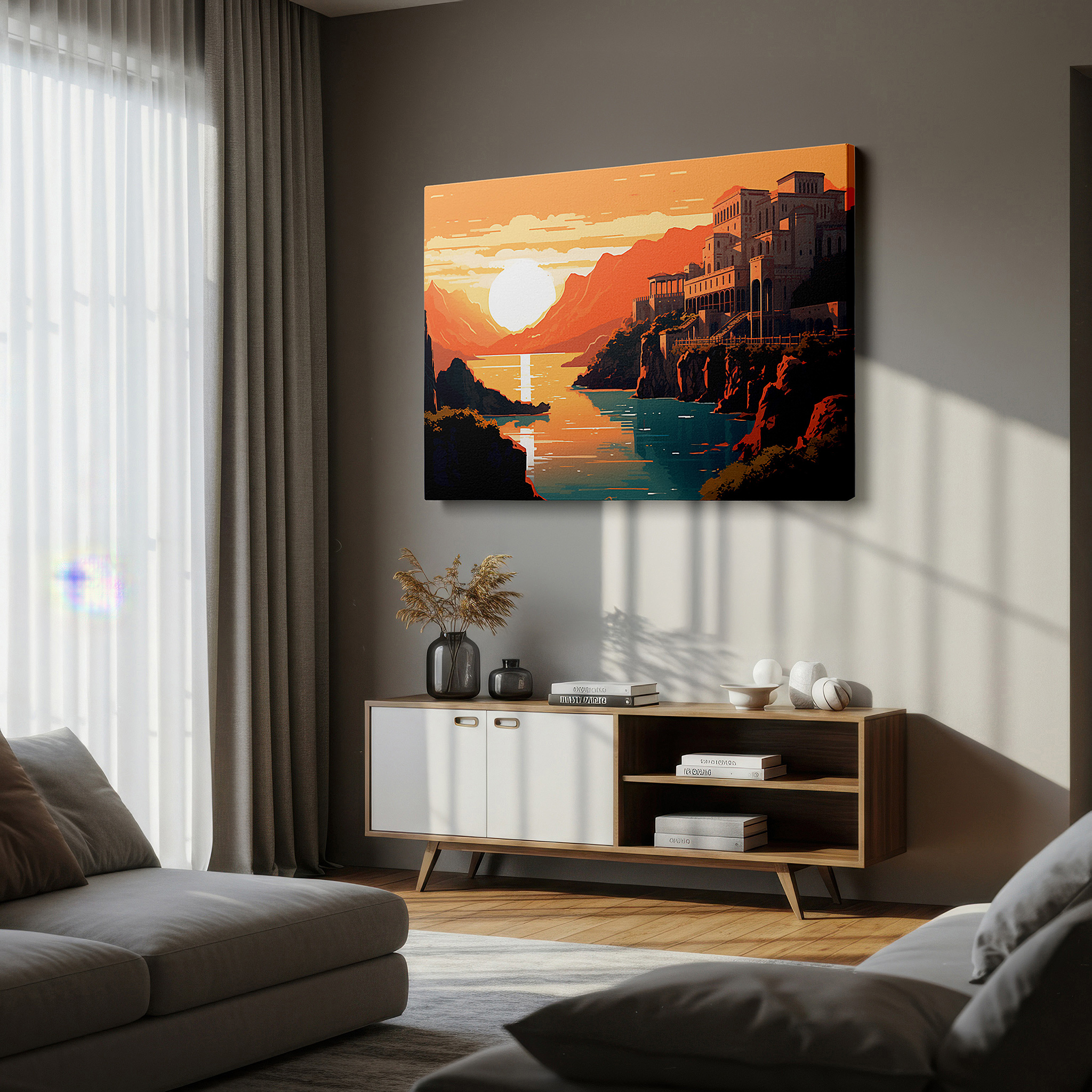 Displayed above a contemporary leather sofa in warm light — timeless harmony of historical architecture and sunset glow: large canvas wall art for office, bedroom, and living room decor