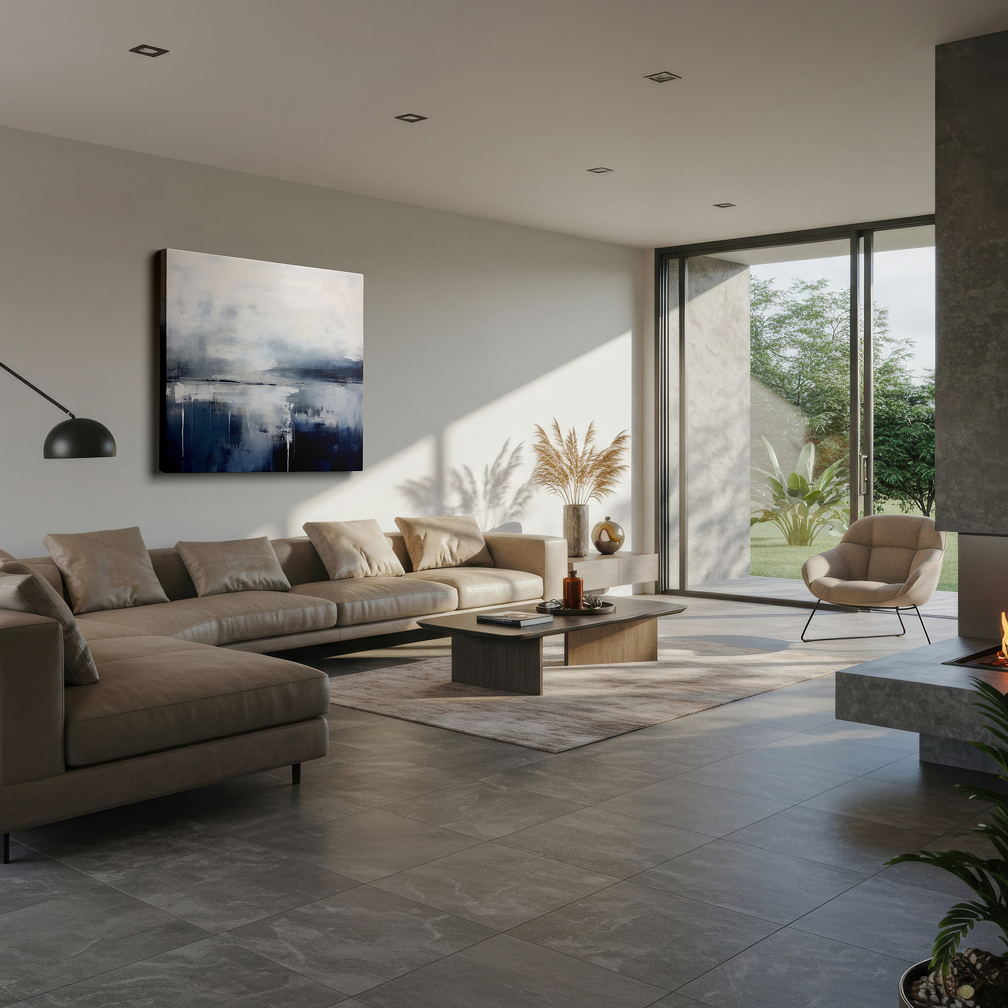 Displayed above a contemporary leather sofa in warm light — tranquil abstract landscape in soft blues and grays, large wall art for a peaceful atmosphere, canvas wall art, decor for office and bedroom walls