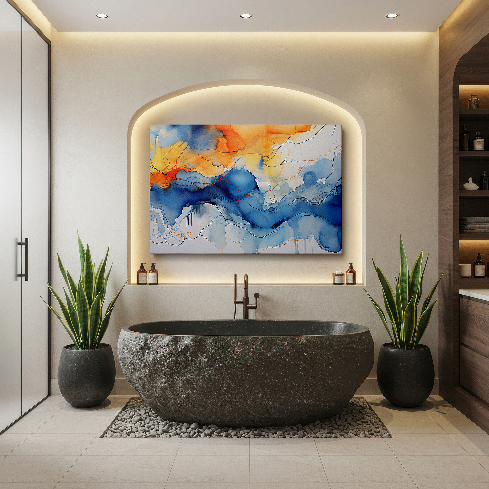 Displayed above a contemporary leather sofa in warm light — a tranquil fusion of ocean blues and sunset oranges in a graceful display of nature's palette large wall art, canvas wall art, wall decor, office wall art