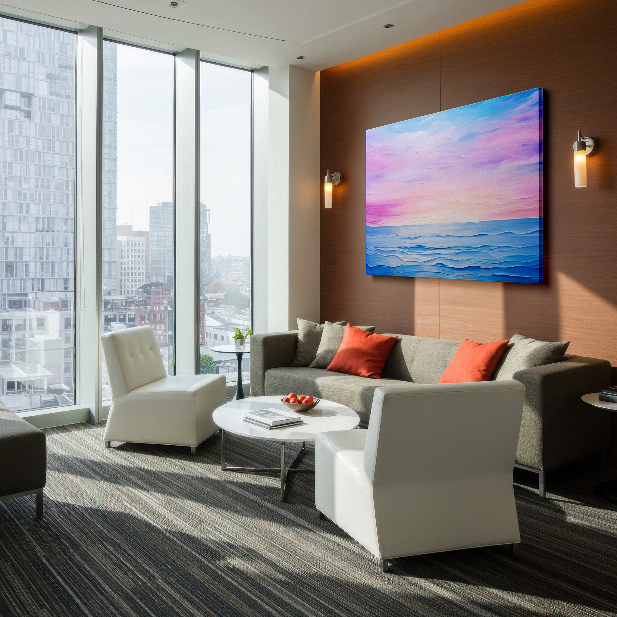 Displayed above a contemporary leather sofa in warm light — tranquil seascape at dusk: large canvas wall art featuring gentle waves and pastel hues, perfect for office, bedroom, or living room decor
