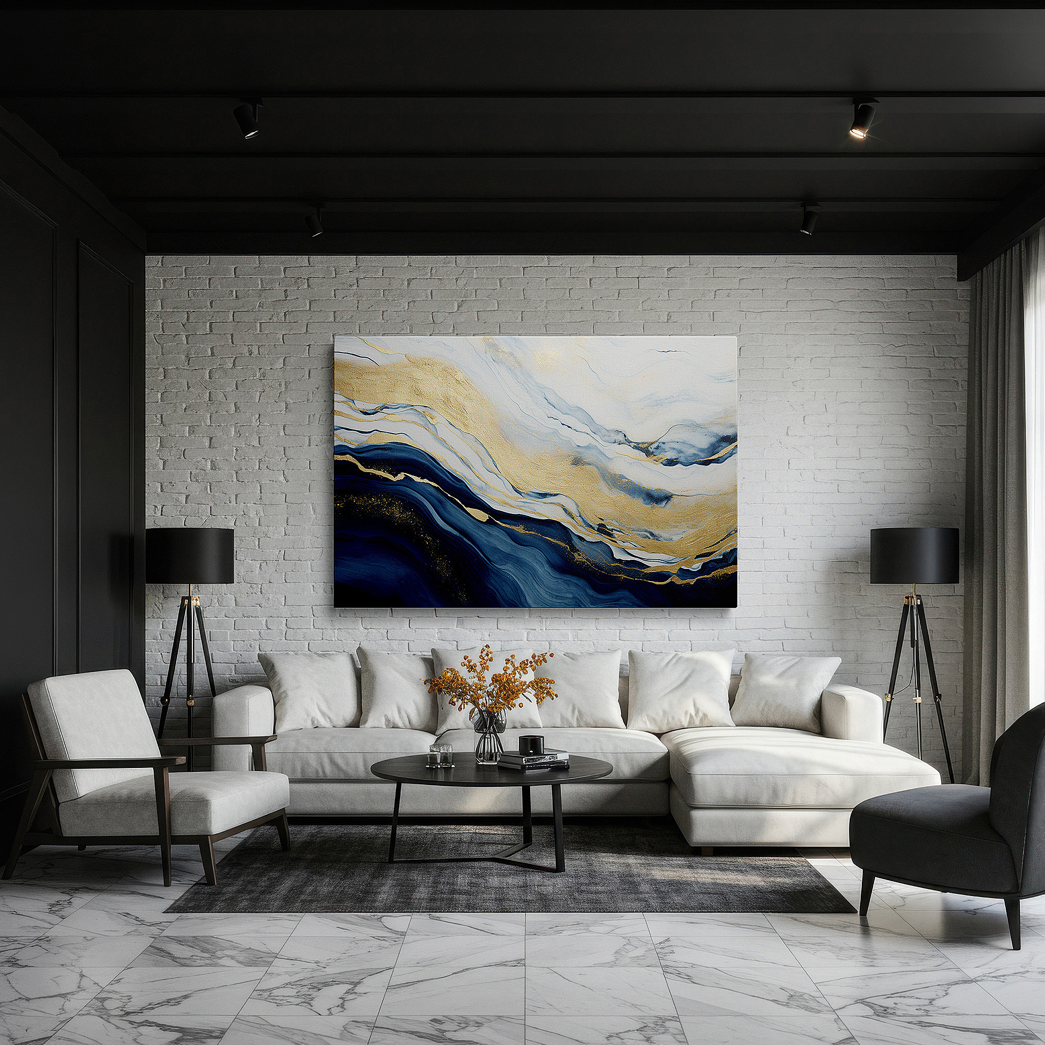 Displayed above a contemporary leather sofa in warm light — tranquil seascape: where the ocean kisses the sky, sunlight plays on the waves, offering peace and serenity - large wall art, canvas wall art, office decor