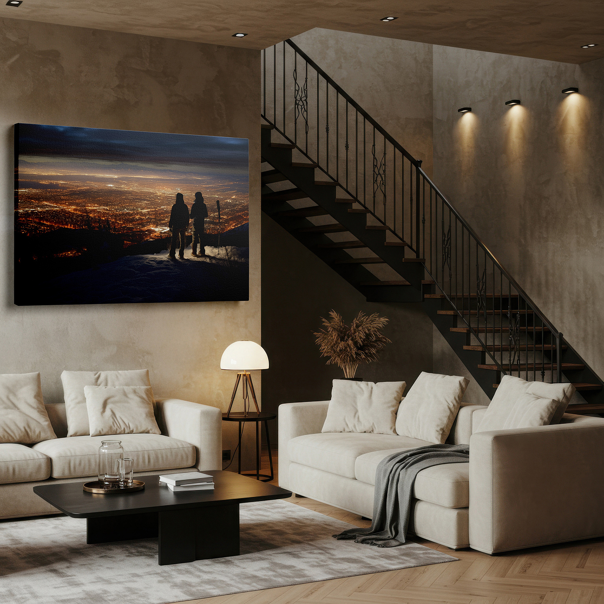 Displayed above a contemporary leather sofa in warm light — tranquil urban twilight silhouette large wall art, canvas decor for office, bedroom, and living room
