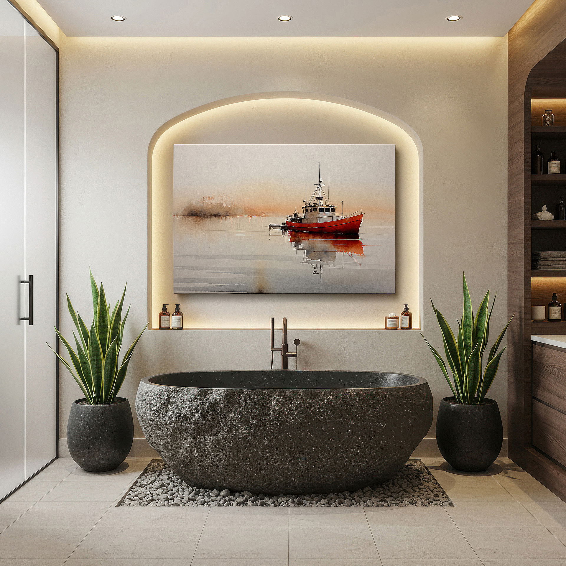 Displayed above a contemporary leather sofa in warm light — tranquil watercolor boat on calm waters, minimalist large wall art, canvas wall decor for office and bedroom