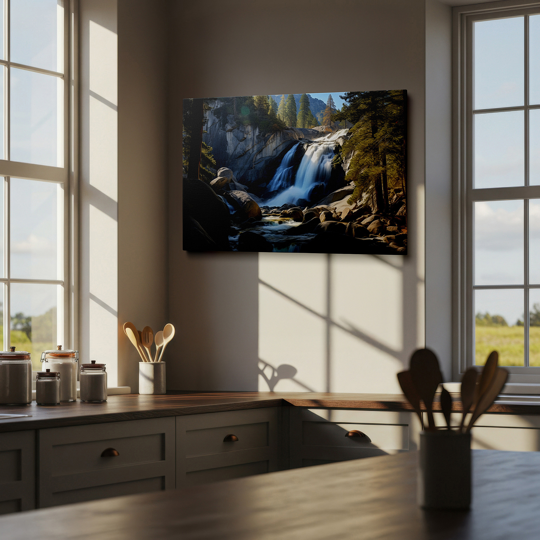 Displayed above a contemporary leather sofa in warm light — tranquil waterfall and lush pines large wall art, canvas decor for office and bedroom