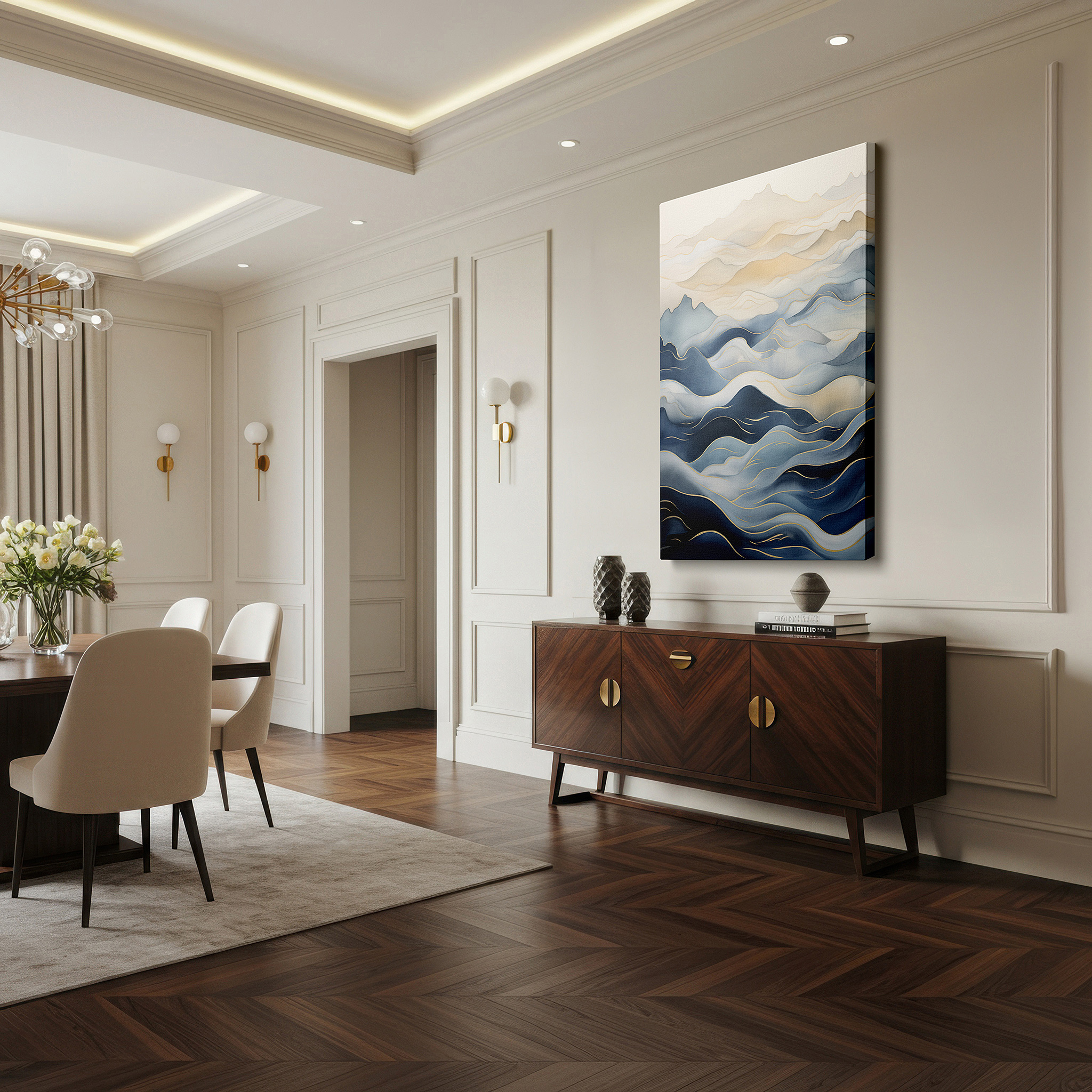 Displayed above a contemporary leather sofa in warm light — tranquil waves and gentle gradients inspire peacefulness large wall art, canvas wall art, wall decor for office, bedroom, and living room
