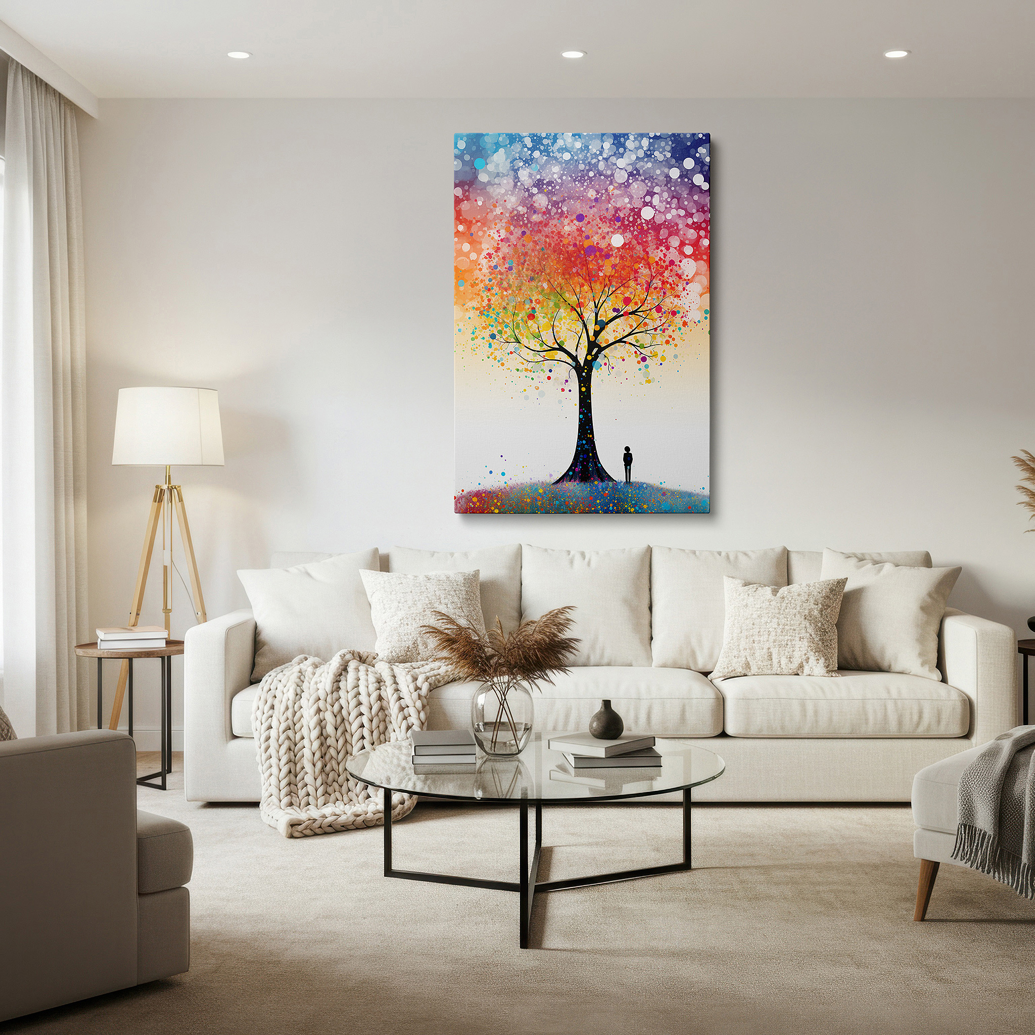 Displayed above a contemporary leather sofa in warm light — tree of life wall art: vibrant and symbolic representation of resilience and reflection, ideal for home and office decor, large canvas art