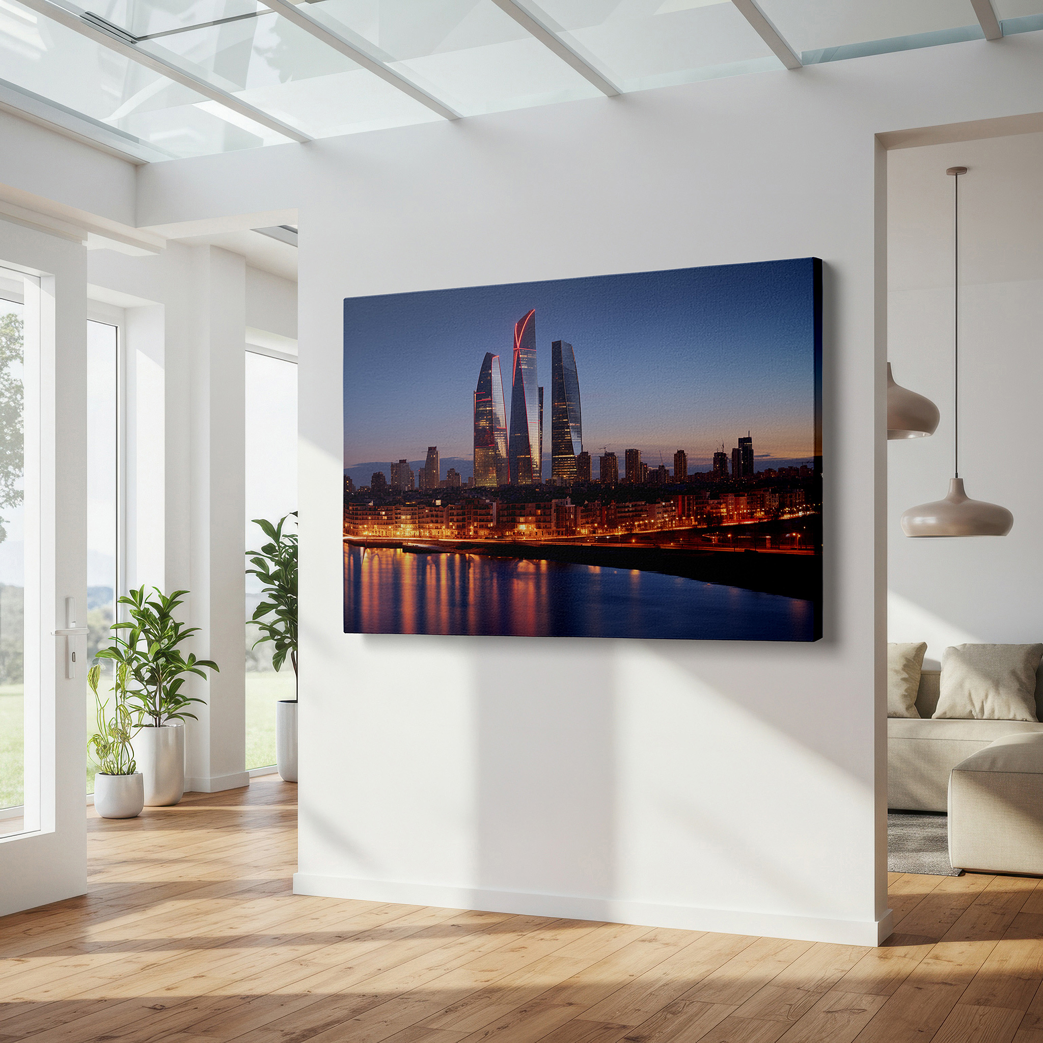 Displayed above a contemporary leather sofa in warm light — twilight cityscape wall art featuring glowing skyscrapers and reflective waters - large canvas for home and office decor, perfect for living room and bedroom