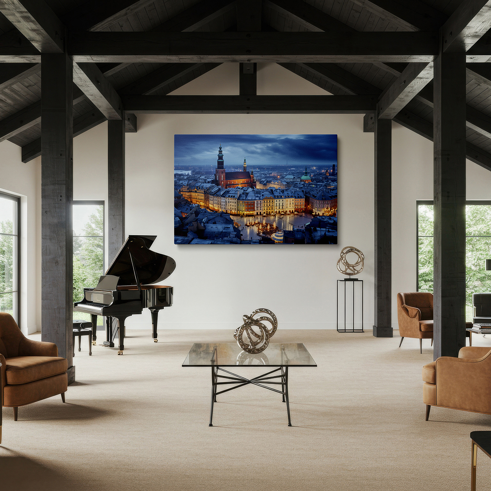 Displayed above a contemporary leather sofa in warm light — twilight over historic polish cityscape with festive christmas glow - large canvas wall art for office and bedroom decor