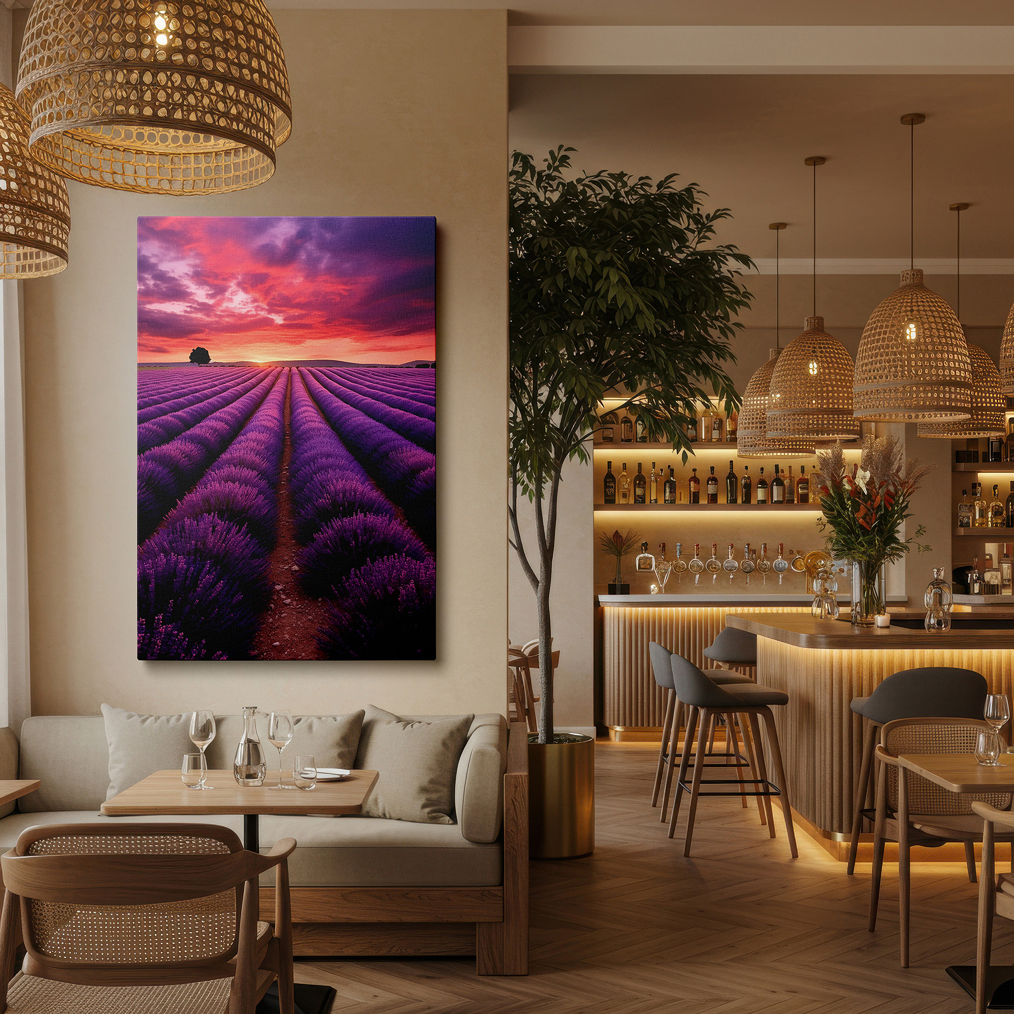 Displayed above a contemporary leather sofa in warm light — twilight lavender fields - serene and vibrant nature scene large wall art, canvas wall art, wall decor for office, bedroom, and living room