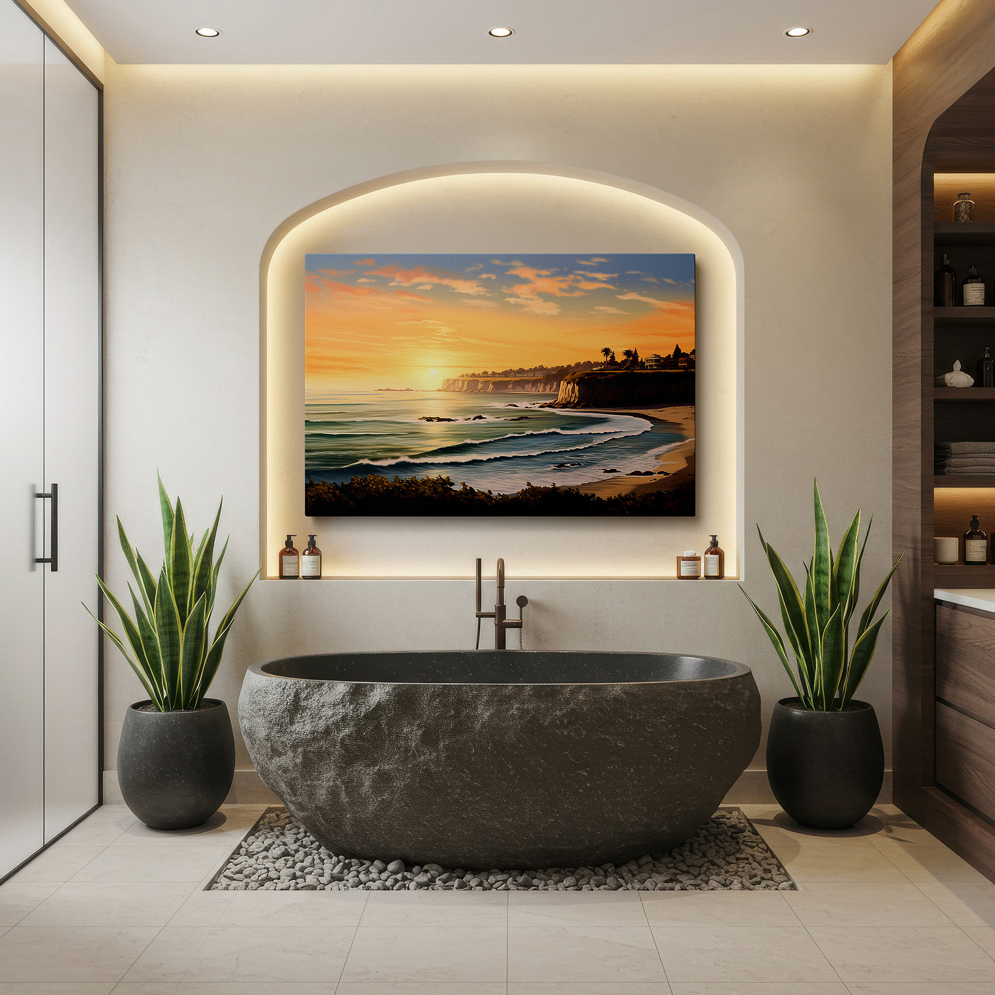 Displayed above a contemporary leather sofa in warm light — twilight's golden radiance - coastal sunset with earthy cliffs and gentle waves large wall art, canvas wall art, wall decor