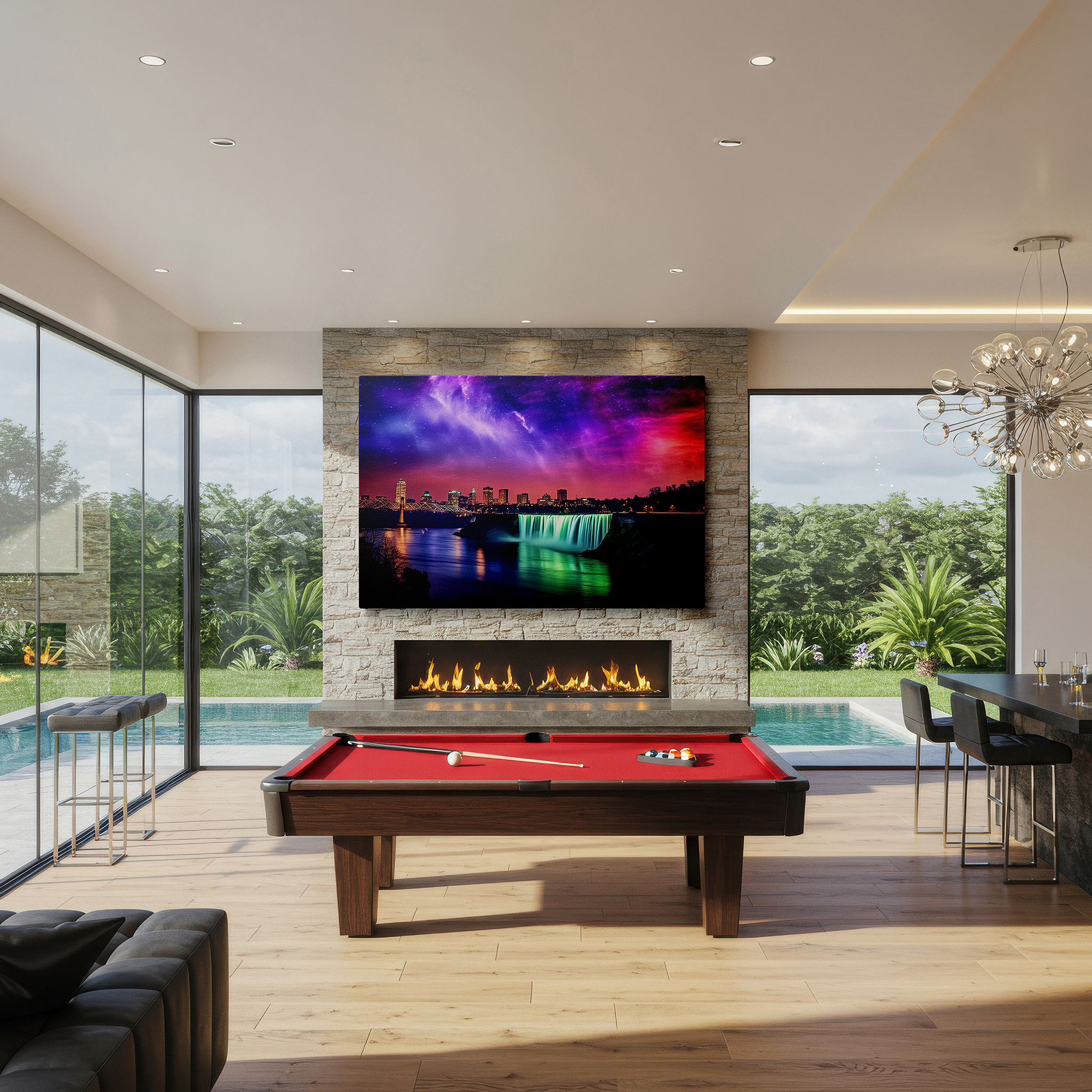 Displayed above a contemporary leather sofa in warm light — twilight urban nightscape with waterfall - where vibrant city life meets tranquil nature, large canvas wall art for home and office decor