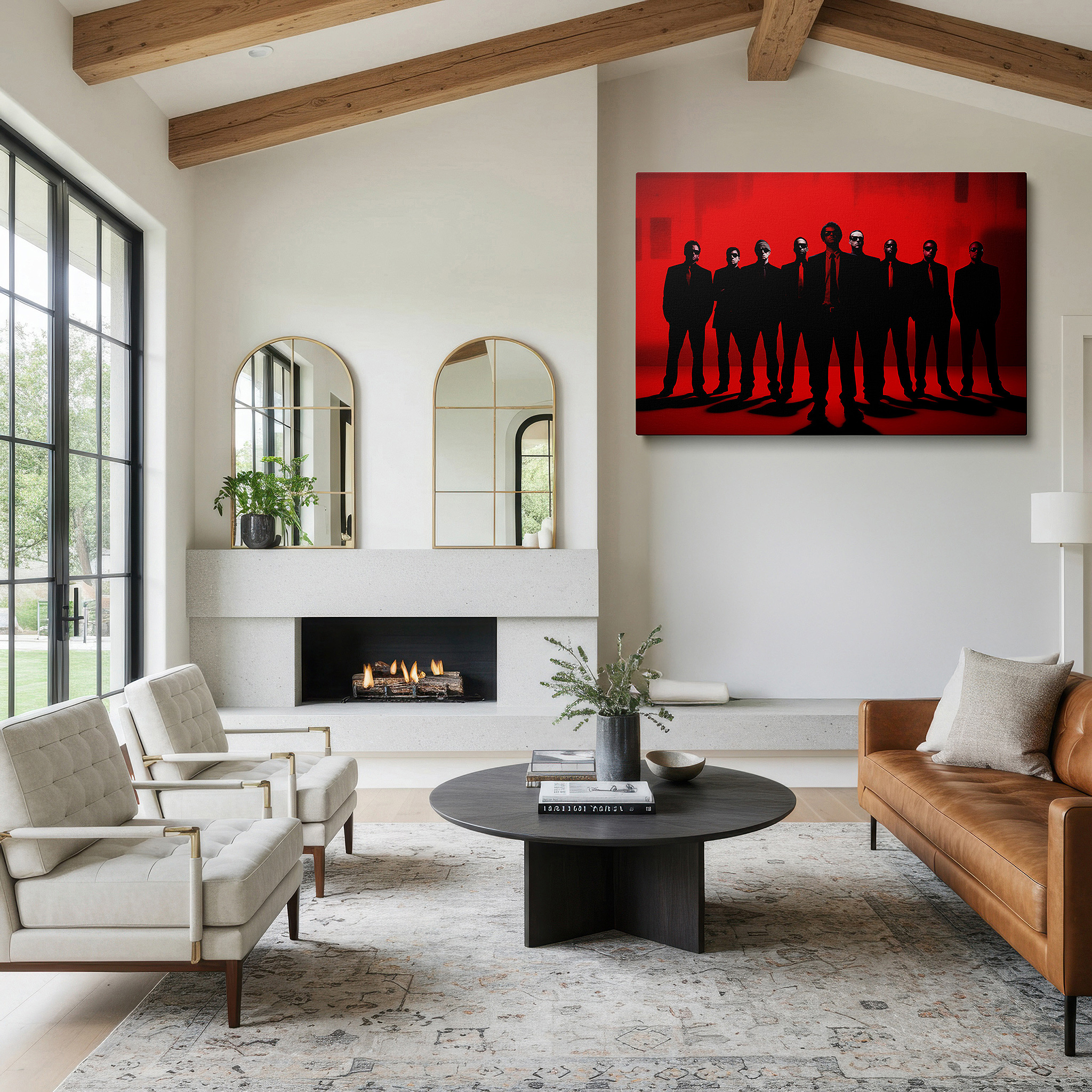 Displayed above a contemporary leather sofa in warm light — unity and professionalism themed wall art featuring ten figures against a bright red background, large canvas for office decor