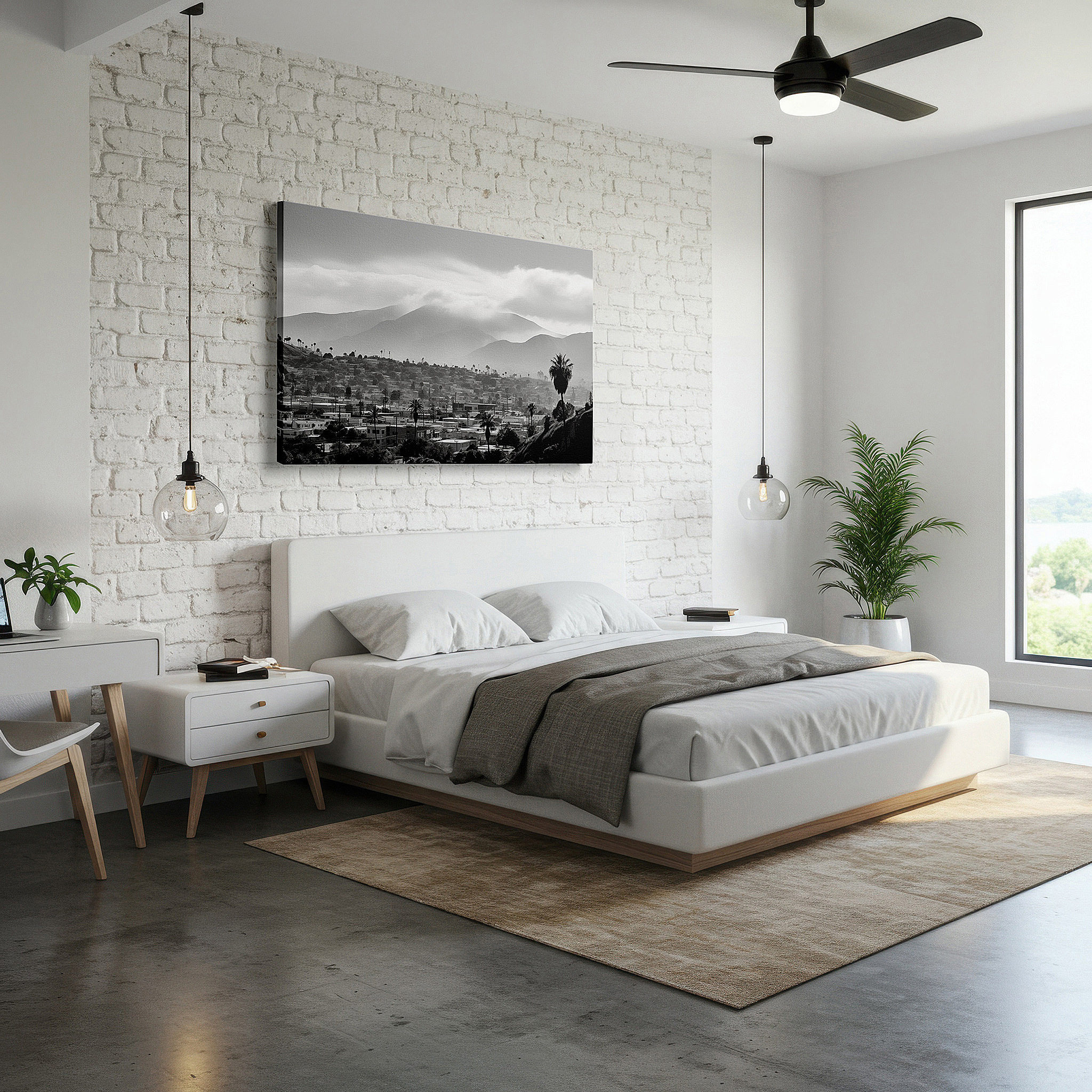 Displayed above a contemporary leather sofa in warm light — urban serenity and majestic mountains combine in a monochromatic masterpiece: large wall art, canvas wall art, wall decor for offices and bedrooms