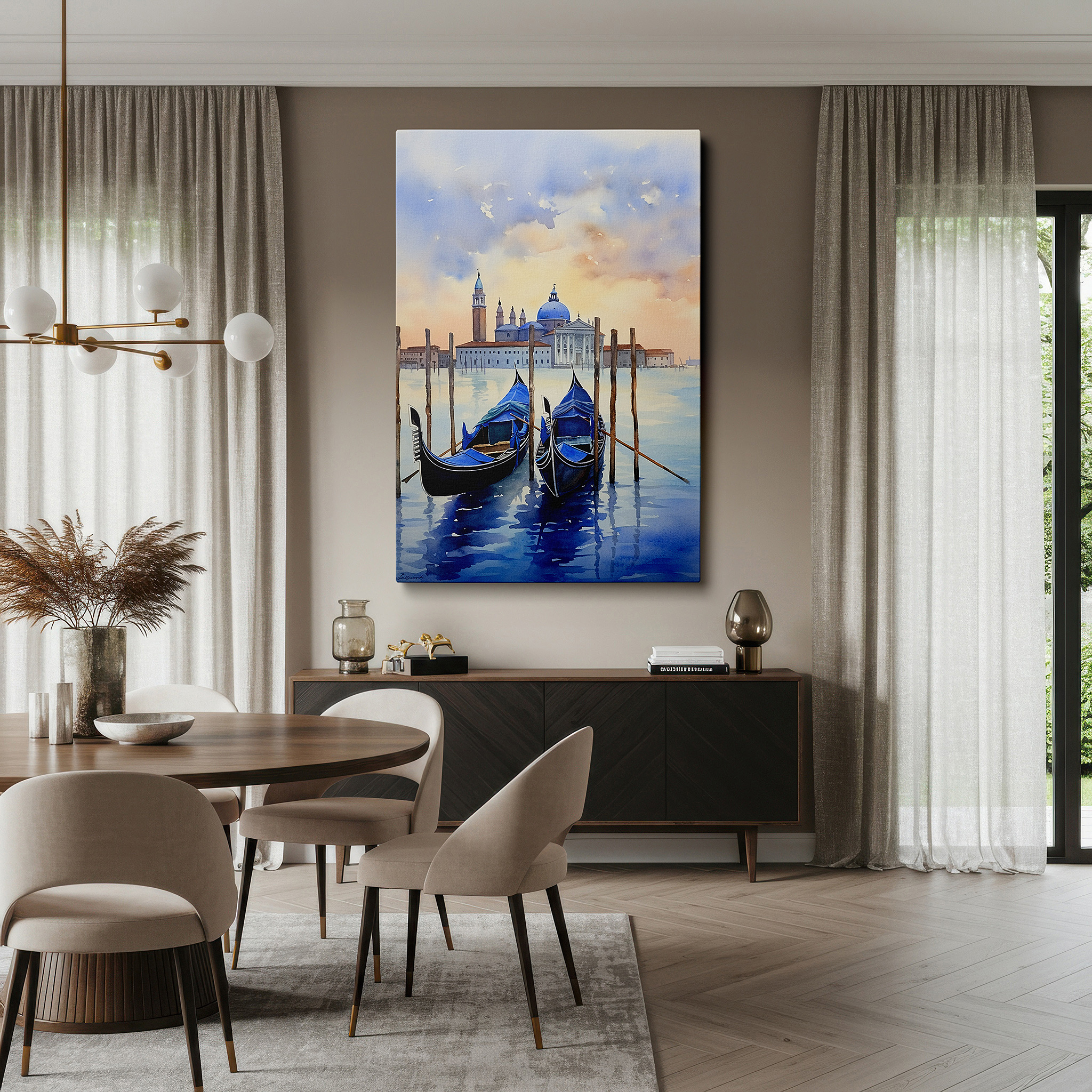 Displayed above a contemporary leather sofa in warm light — venetian sunset wall art: serene gondolas and reflective lagoon waters - large canvas for home and office decor