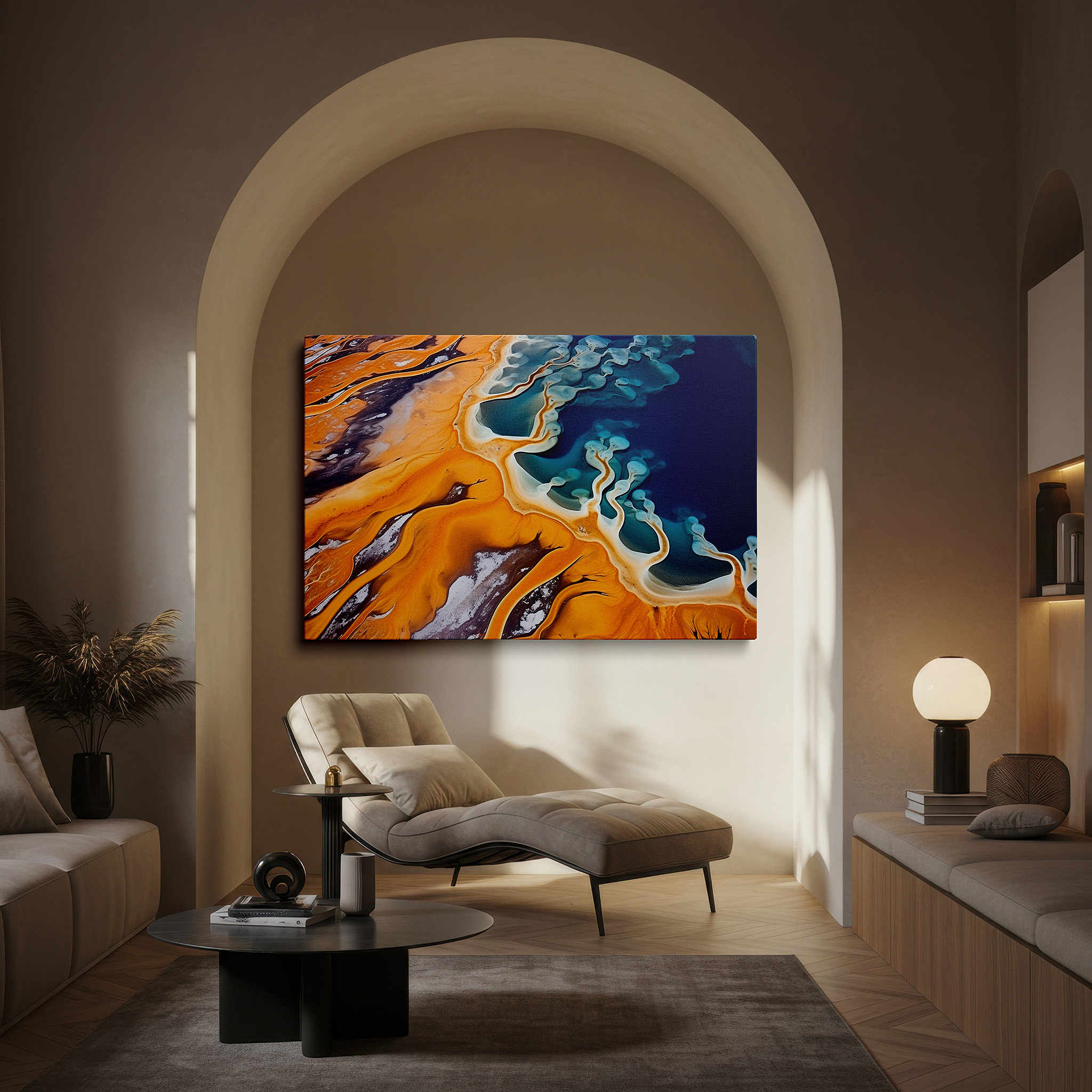 Displayed above a contemporary leather sofa in warm light — vibrant aerial symphony of hot springs canvas wall art, celebrating nature's craftsmanship, ideal for office and home decor