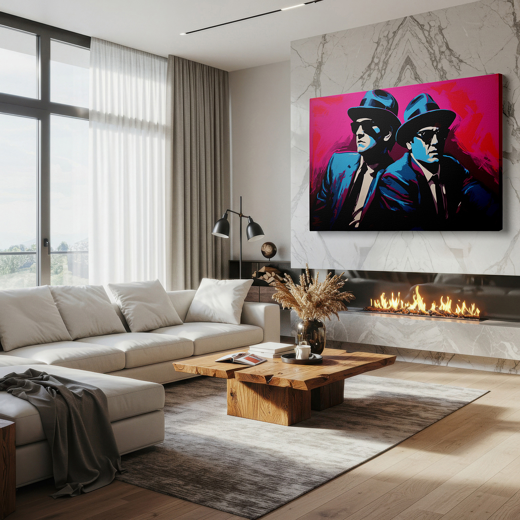 Displayed above a contemporary leather sofa in warm light — vibrant pink and blue iconic duo - modern pop art style large wall art, canvas wall art, wall decor for office and bedroom