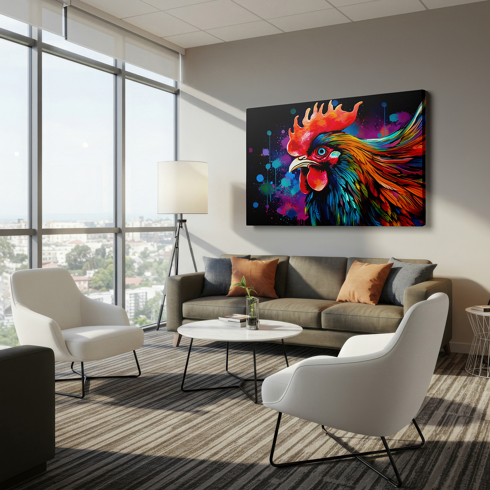 Displayed above a contemporary leather sofa in warm light — vibrant rooster mid-crow, emblem of dawn and fresh starts, large canvas wall art for office, bedroom, and living room decor