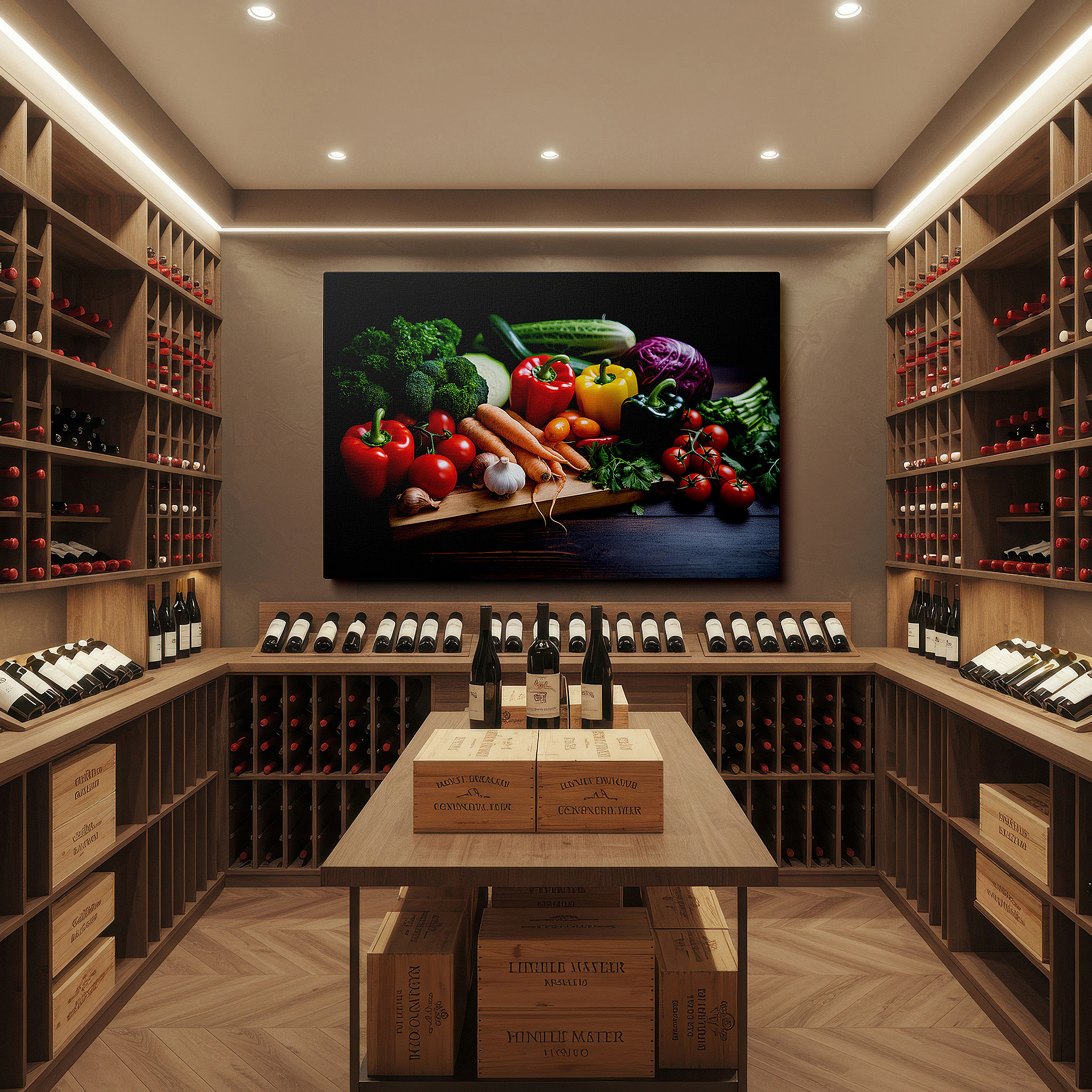 Displayed above a contemporary leather sofa in warm light — vibrant vegetables displayed on a rustic table - celebrating freshness and natural beauty, large wall art, canvas wall art, wall decor for office