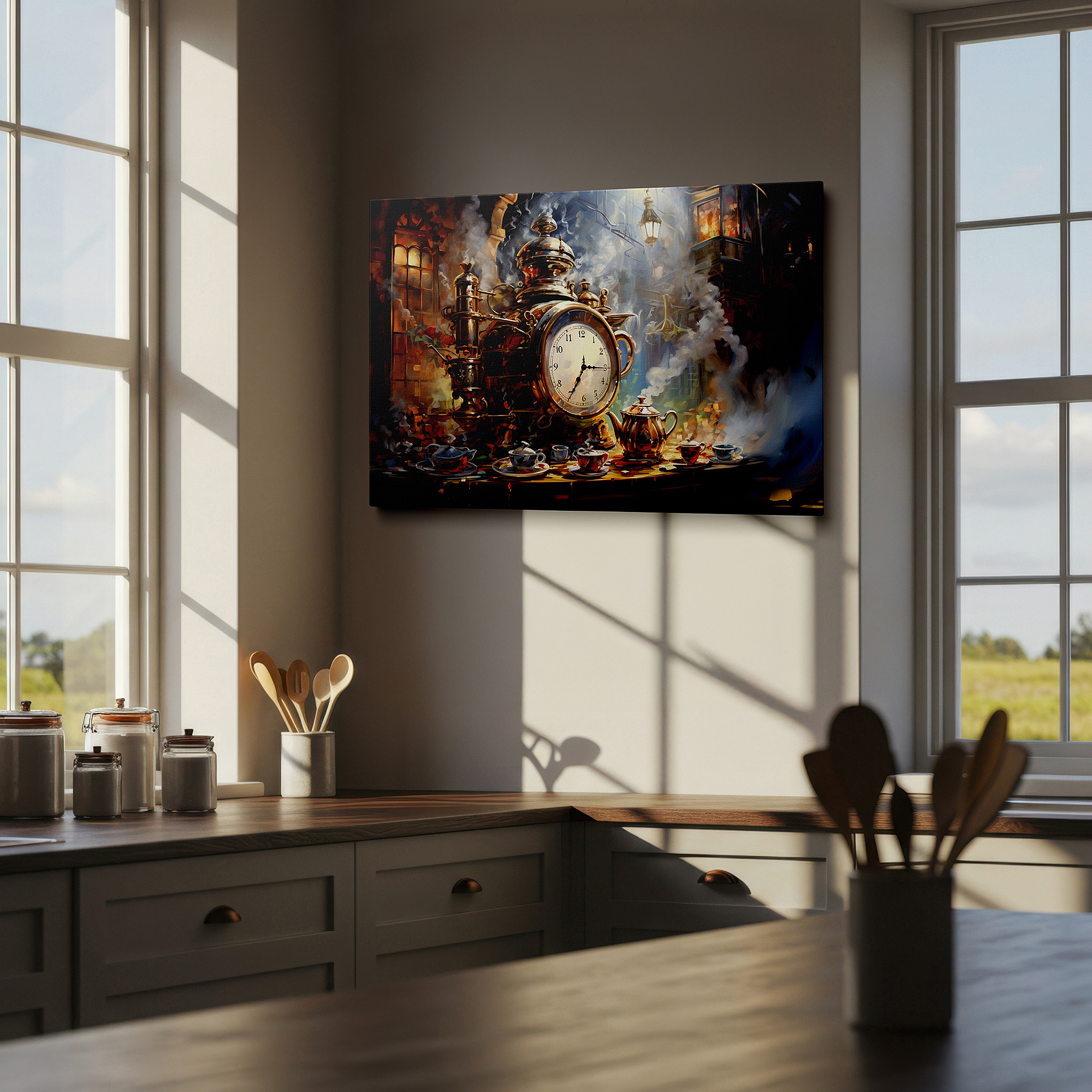Displayed above a contemporary leather sofa in warm light — victorian still life wall art: featuring a steam clock and tea set - large canvas art for home and office decor, perfect for living room and bedroom