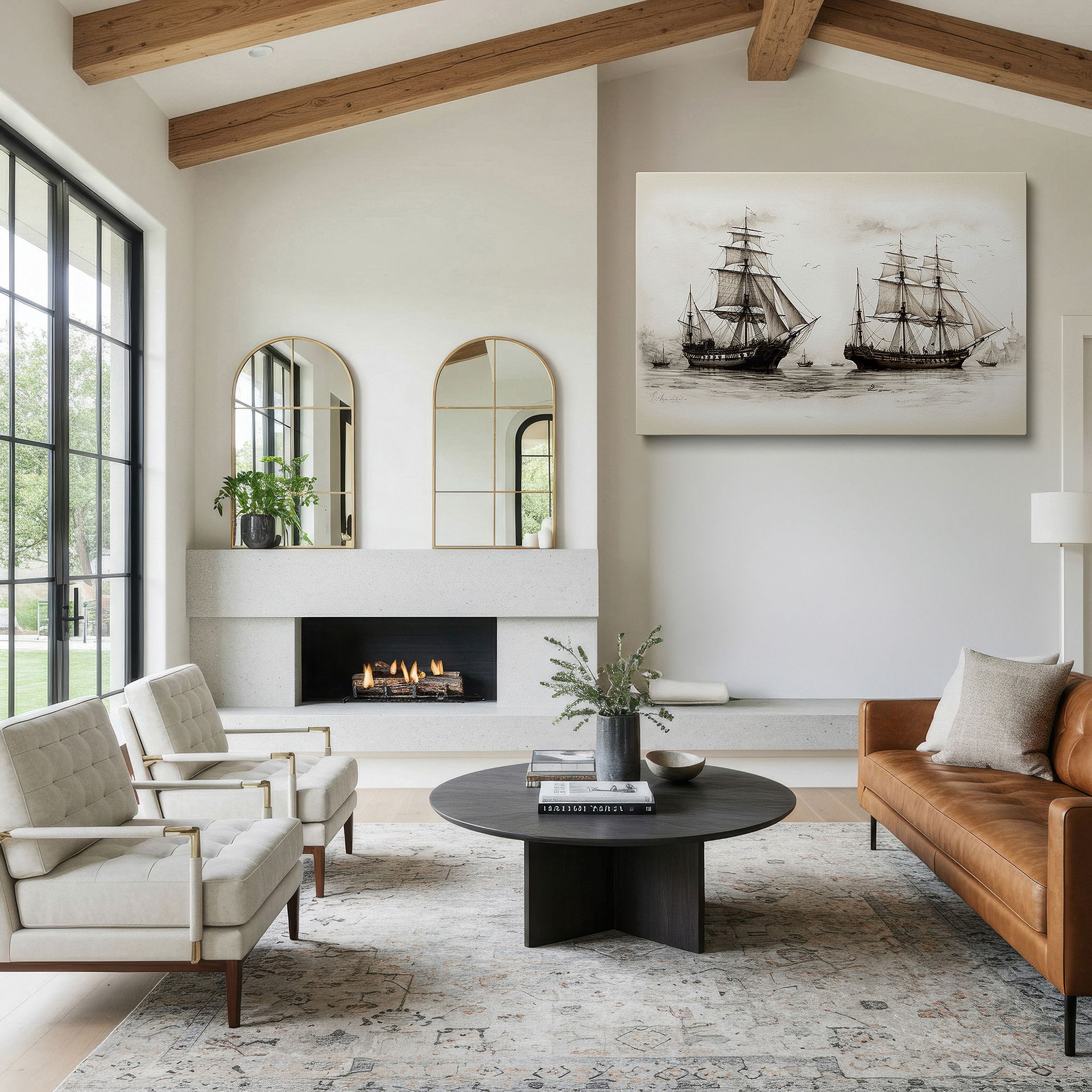 Displayed above a contemporary leather sofa in warm light — vintage sailing ships on tranquil waters under pastel skies wall art, large canvas decor for office and bedroom