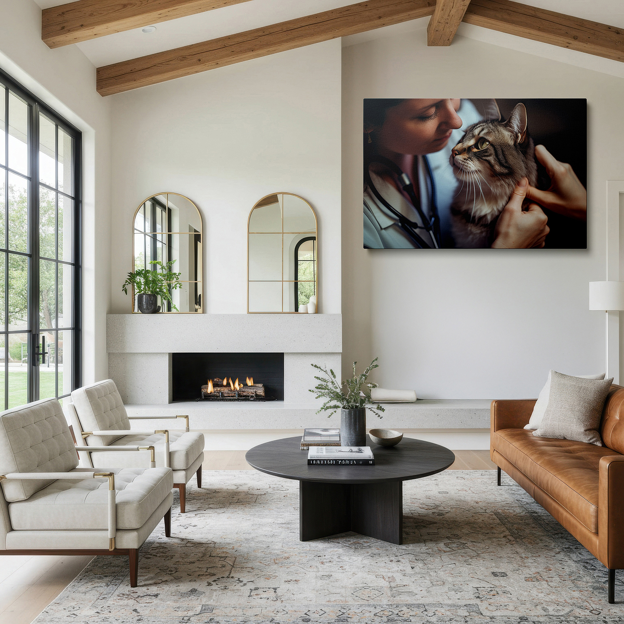 Displayed above a contemporary leather sofa in warm light — wall art: celebrating compassionate care - a tender moment between a veterinarian and a cat. ideal for office, bedroom, and home decor, available as large canvas wall art.