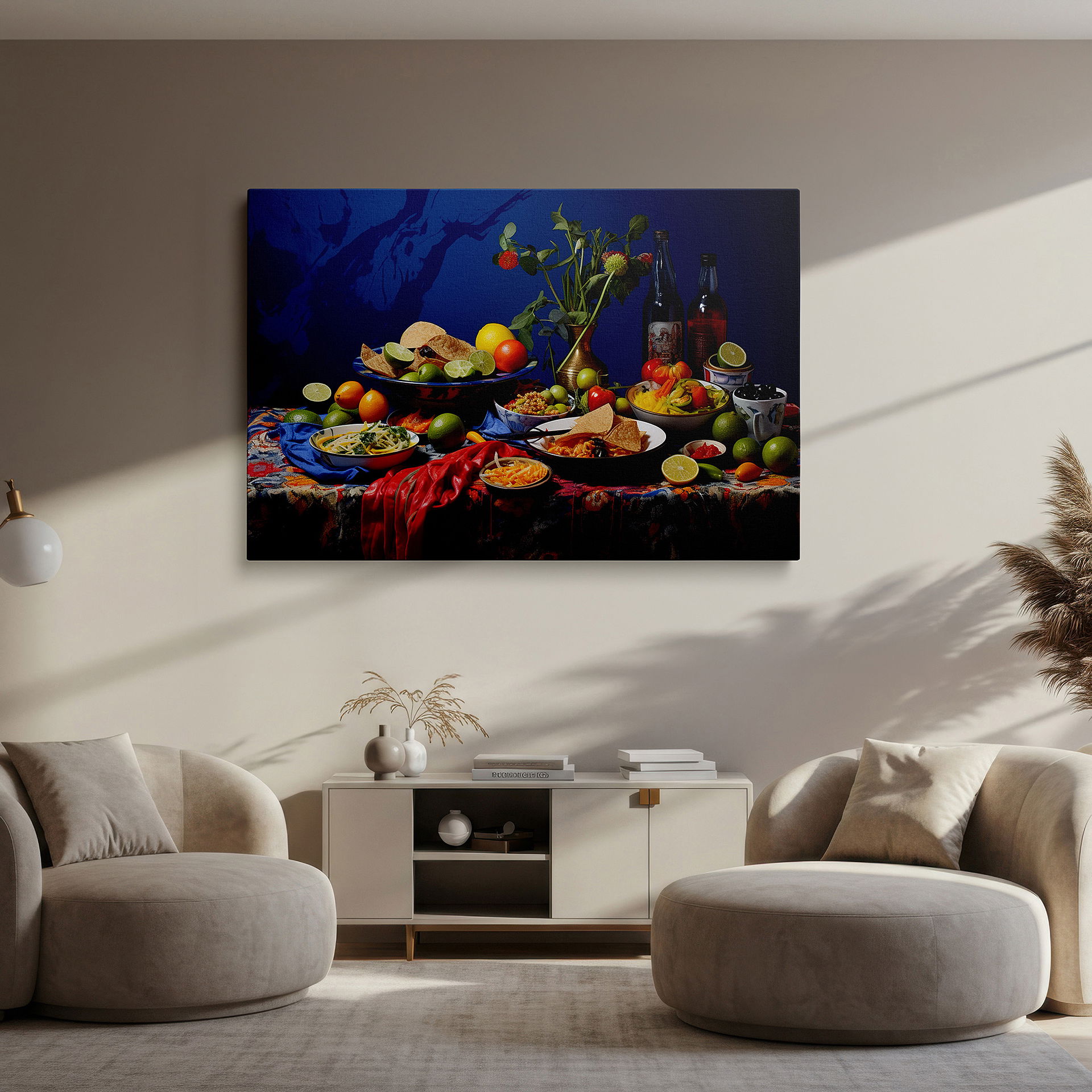 Displayed above a contemporary leather sofa in warm light — wall art: celebrating culinary diversity and communal joy with a feast of colors and flavors on a rustic table - large canvas wall art for office decor