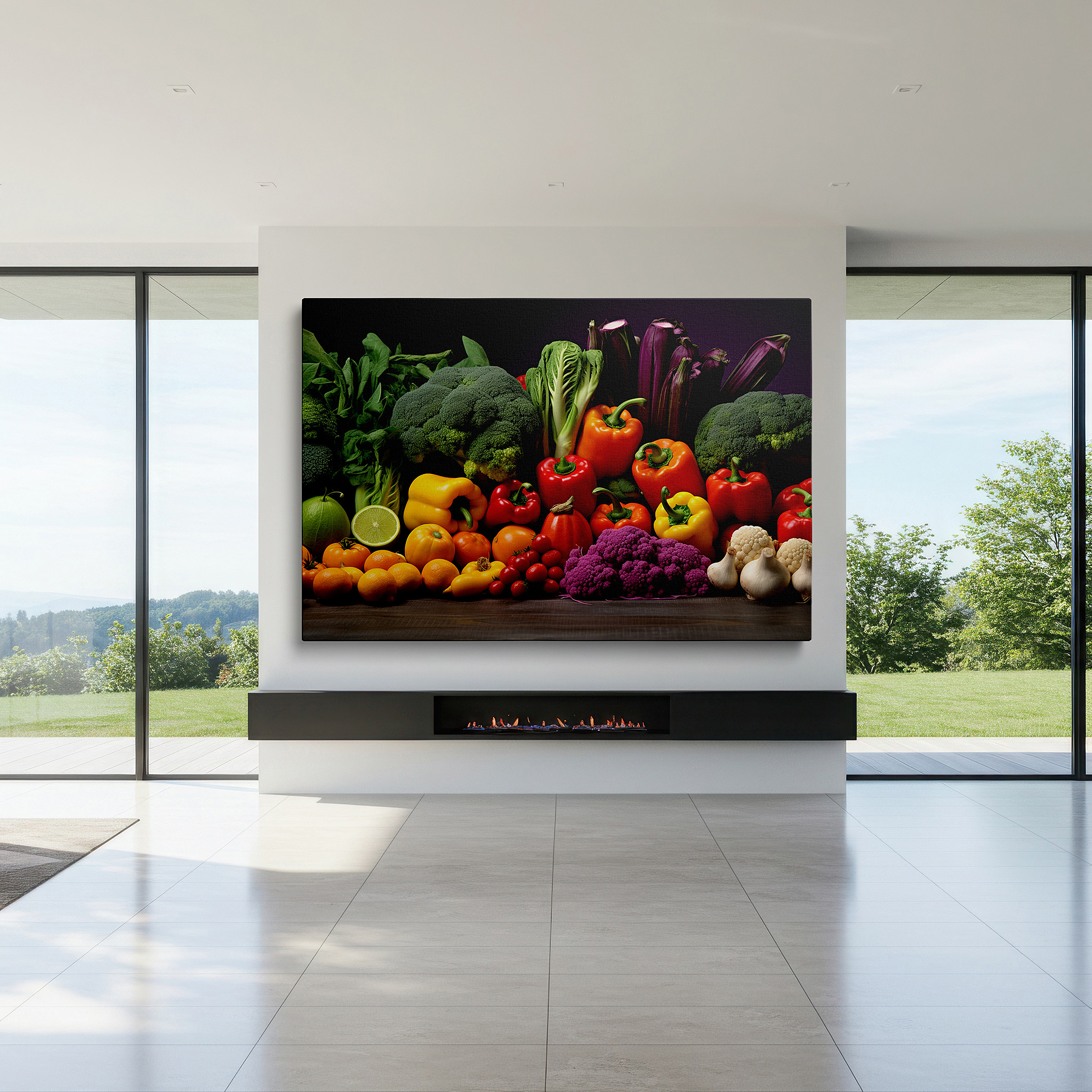 Displayed above a contemporary leather sofa in warm light — wall art: celebrating freshness and health with vibrant vegetable images - large wall art, canvas wall art, wall decor for offices and bedrooms