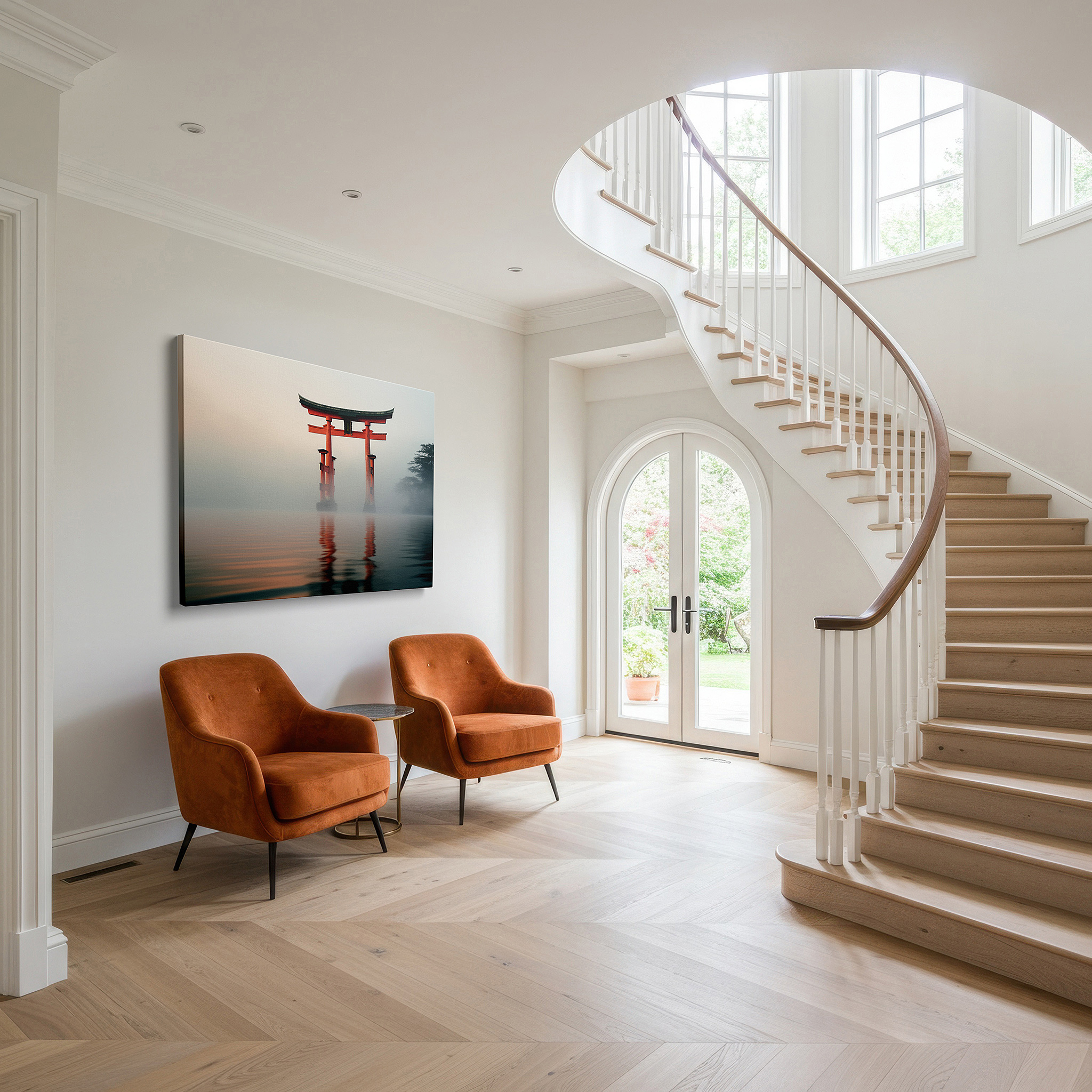 Displayed above a contemporary leather sofa in warm light — wall art: enchanting red torii gate on a misty waterscape - a gateway to peace and reflection. large canvas wall art for home and office decor.