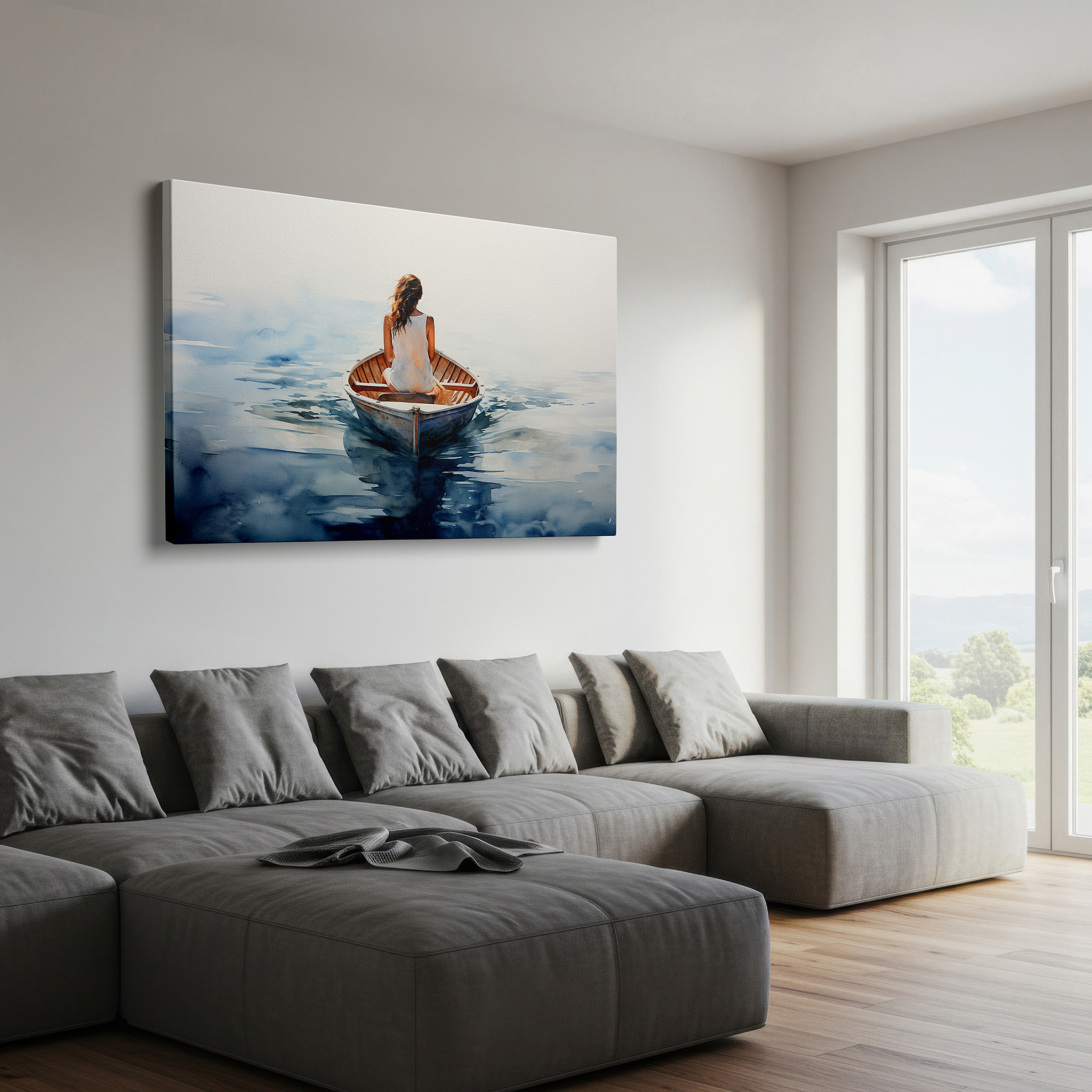 Displayed above a contemporary leather sofa in warm light — wall art: experience serene tranquility with a rustic boat at dawn - embrace peaceful nature and reflection. ideal for home or office decor, available as large canvas wall art.