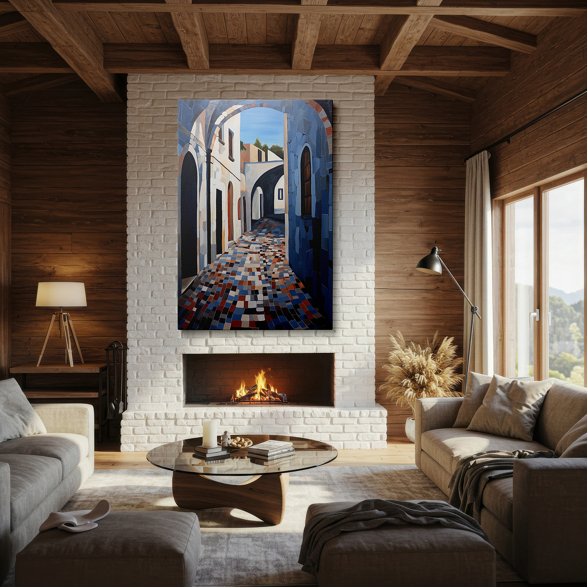 Displayed above a contemporary leather sofa in warm light — wall art: peaceful cobblestone alley in the city center, sunlit textures for a serene urban retreat - large canvas wall art for home and office decor
