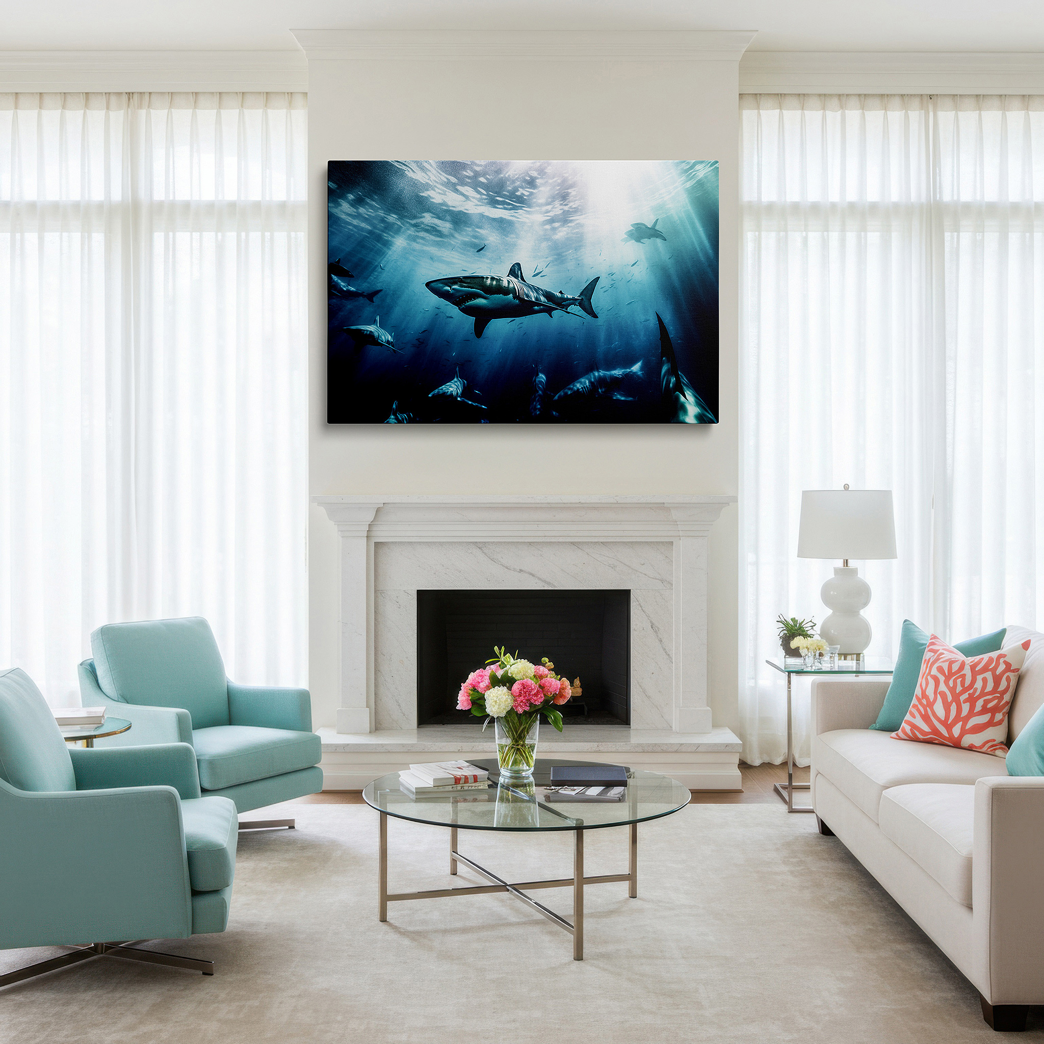 Displayed above a contemporary leather sofa in warm light — wall art: serene underwater journey - majestic sharks and luminous seas. large canvas wall art for office and bedroom decor