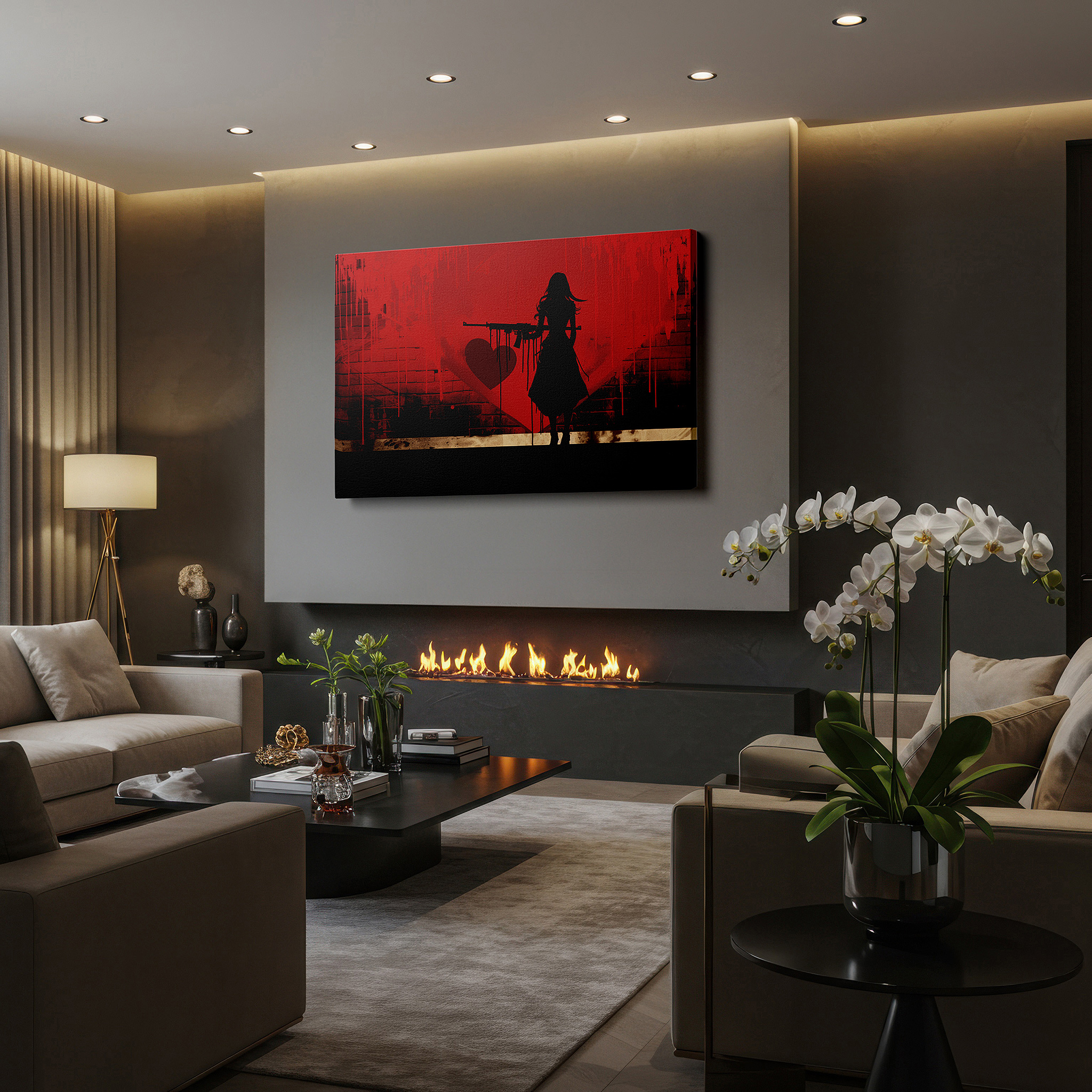 Displayed above a contemporary leather sofa in warm light — wall art: silhouette of strength amidst heart-shaped conflict - large canvas wall art for office, bedroom, and living room decor