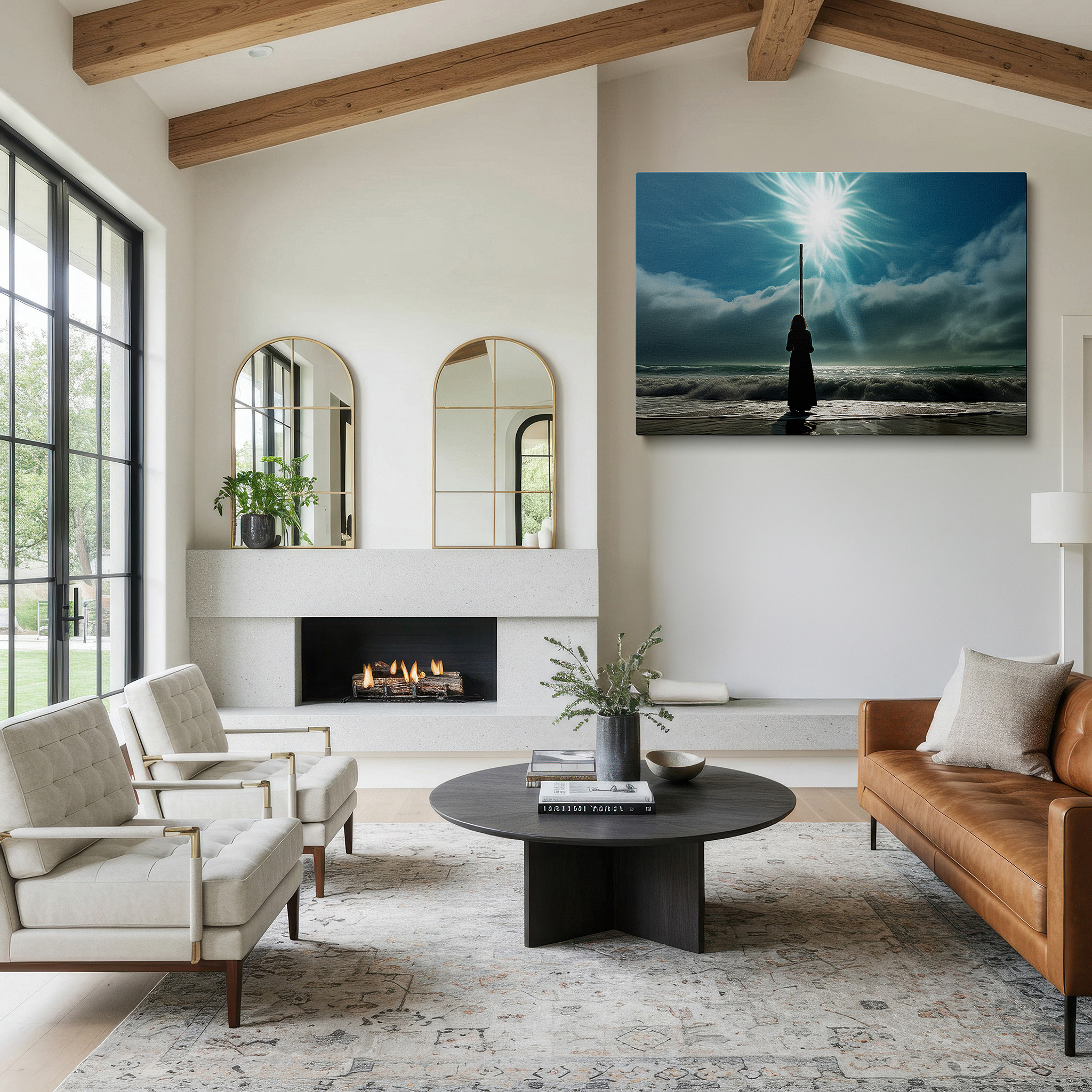 Displayed above a contemporary leather sofa in warm light — wall art: solitary figure with staff on beach - emblem of guidance and spiritual strength. ideal for living room, office, or bedroom decor. available in large canvas formats.