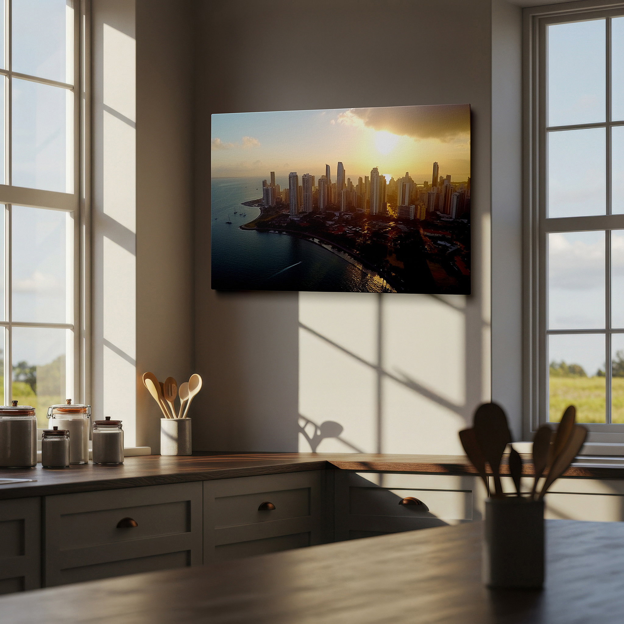 Displayed above a contemporary leather sofa in warm light — wall art: sunset cityscape - celebrating urban innovation and modern vibrancy, large canvas art for home and office decor