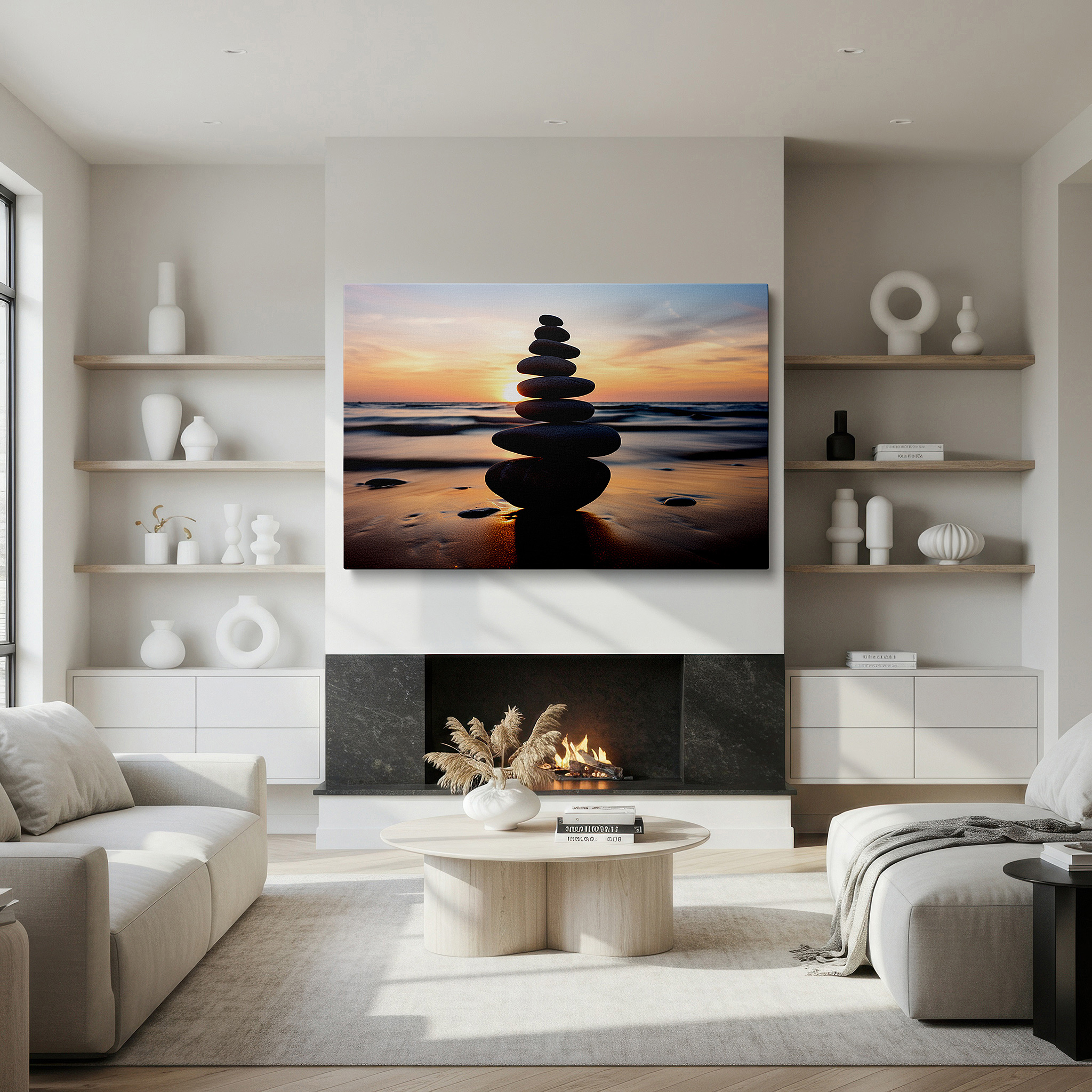 Displayed above a contemporary leather sofa in warm light — wall art: tranquil oasis featuring pebbles silhouetted against a fiery sunset, representing balance and serenity - large canvas wall art for home and office decor