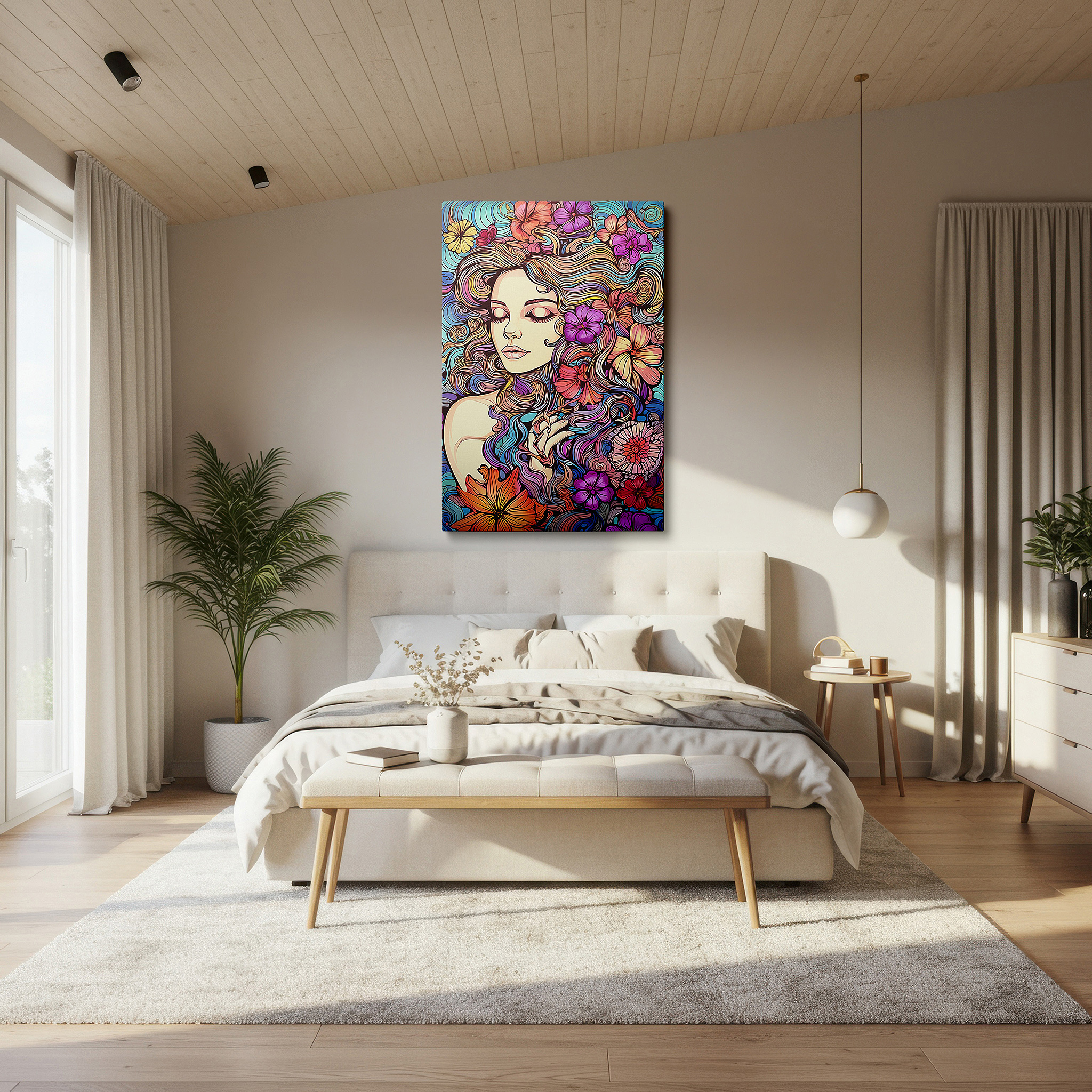 Displayed above a contemporary leather sofa in warm light — wall art: tranquil scene of serene woman enveloped by nature's vibrant essence - large canvas wall art for office and bedroom decor