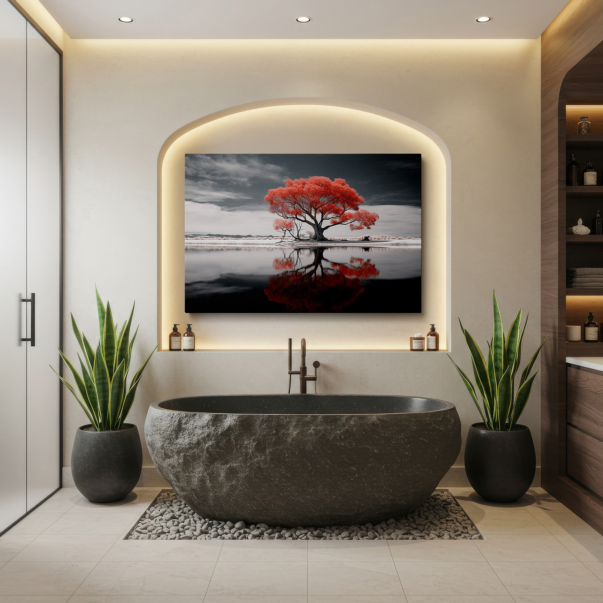 Displayed above a contemporary leather sofa in warm light — wall decor: fiery red tree against calm waters - striking natural contrast of energy and tranquility, large canvas wall art for home and office decor