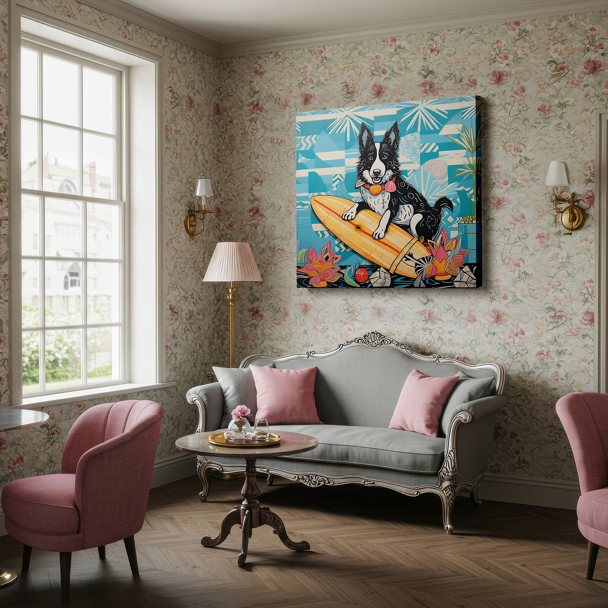 Displayed above a contemporary leather sofa in warm light — wall decor: "joyful summer adventures" - surfing dog in sunglasses, large canvas art for office, bedroom, and living room