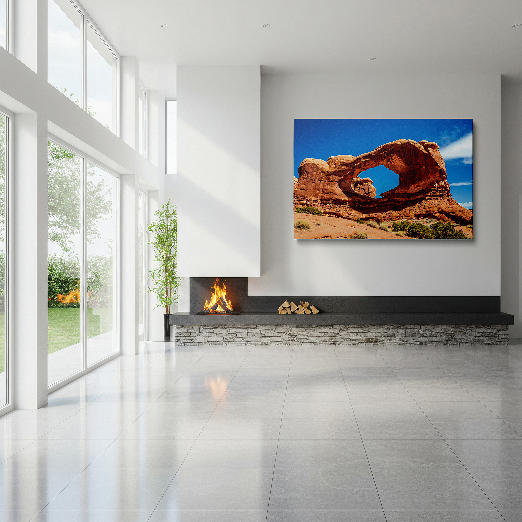 Displayed above a contemporary leather sofa in warm light — wall decor: majestic arches national park - gateway to timeless natural beauty and adventure. large canvas wall art for home and office decor.