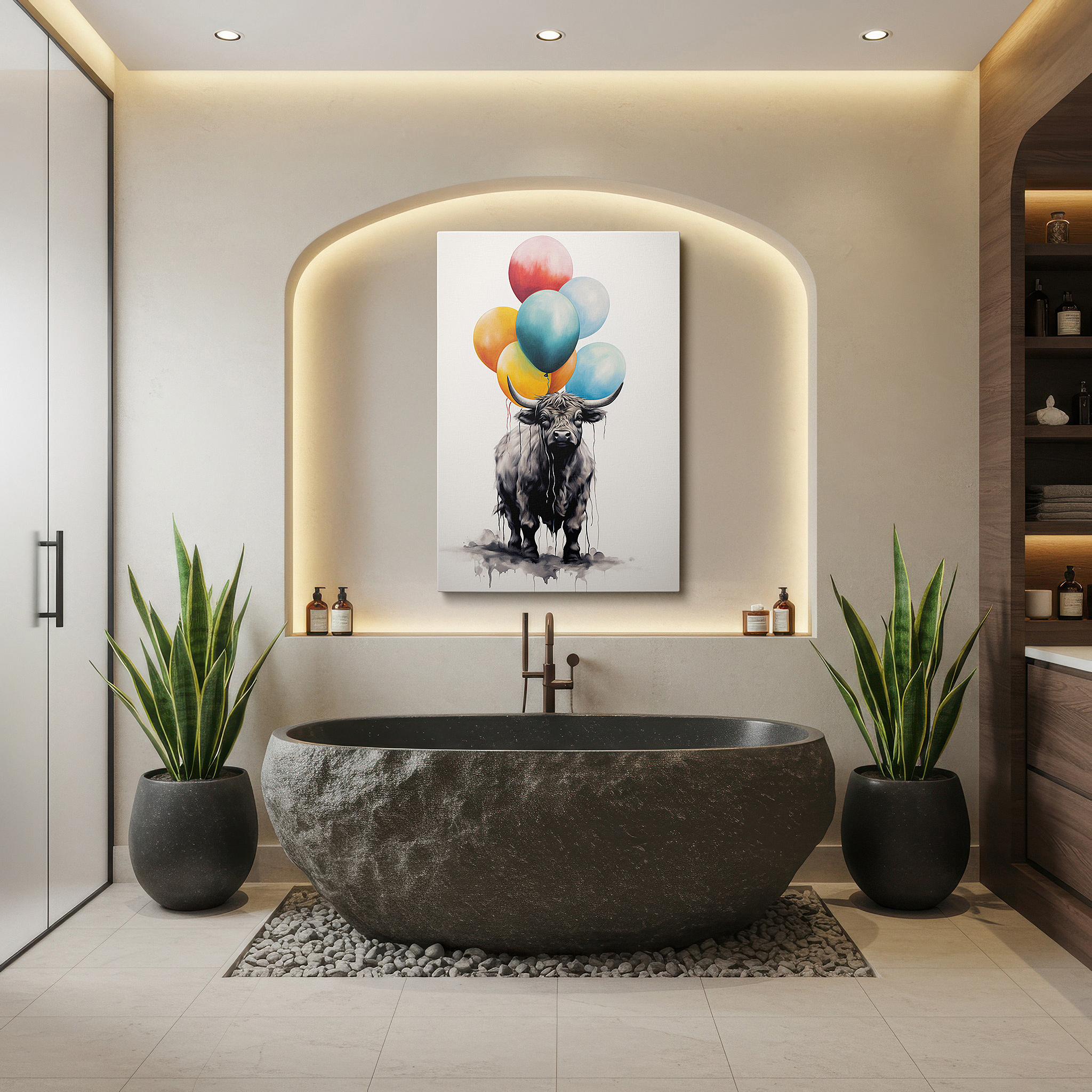 Displayed above a contemporary leather sofa in warm light — wall decor: playful cow with vibrant balloons, a celebration of artistic imagination and whimsy, large canvas wall art for home decor