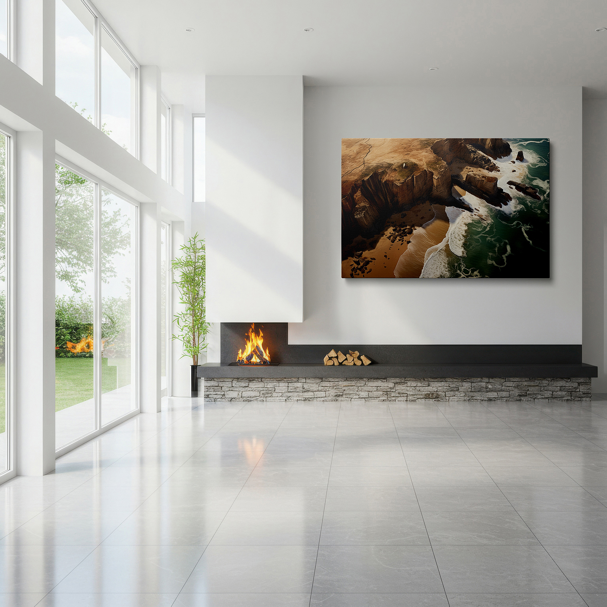 Displayed above a contemporary leather sofa in warm light — wall decor: stunning intersection of rugged cliffs and serene shores - experience nature's majestic contrasts with large canvas art for home and office
